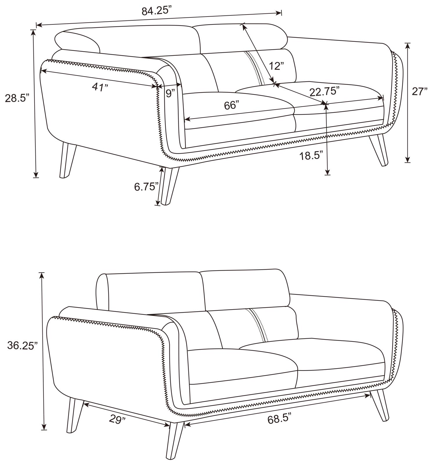 Shania Track Arms Leatherette Living Room Set w/Tapered Legs