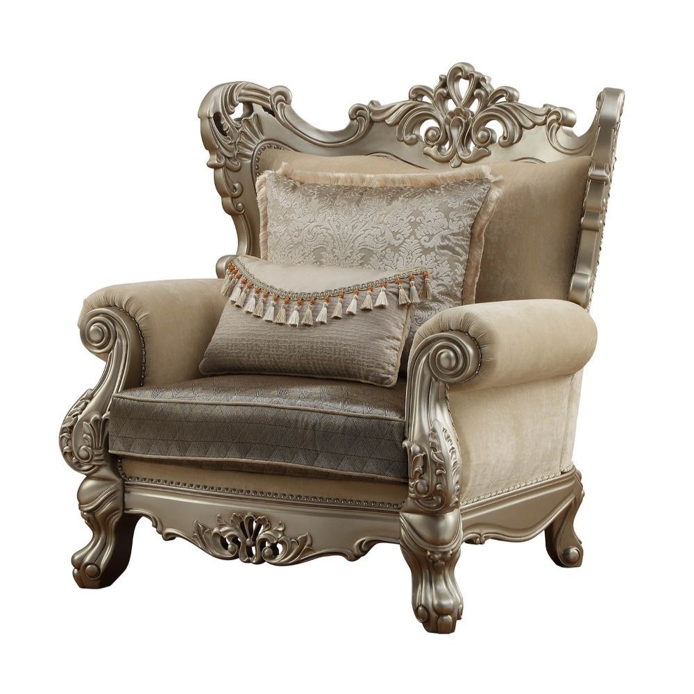  Champagne Fabric Geometric Arm Chair And Toss Pillow