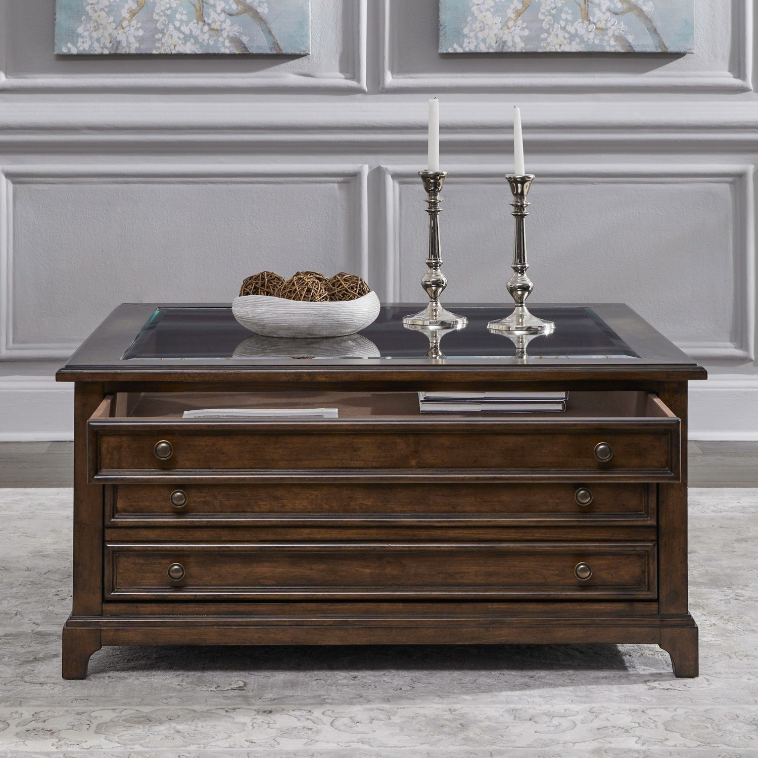 Arden Road Square Wood & Glass Collector Cocktail Table | Cherry