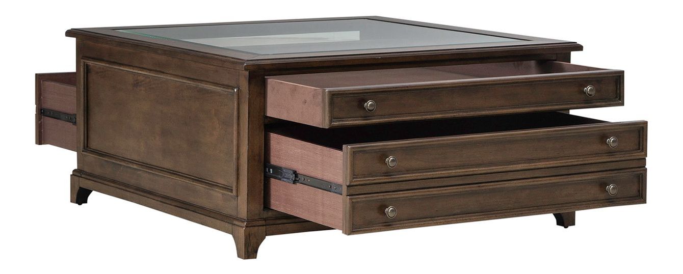 Arden Road Square Wood & Glass Collector Cocktail Table | Cherry