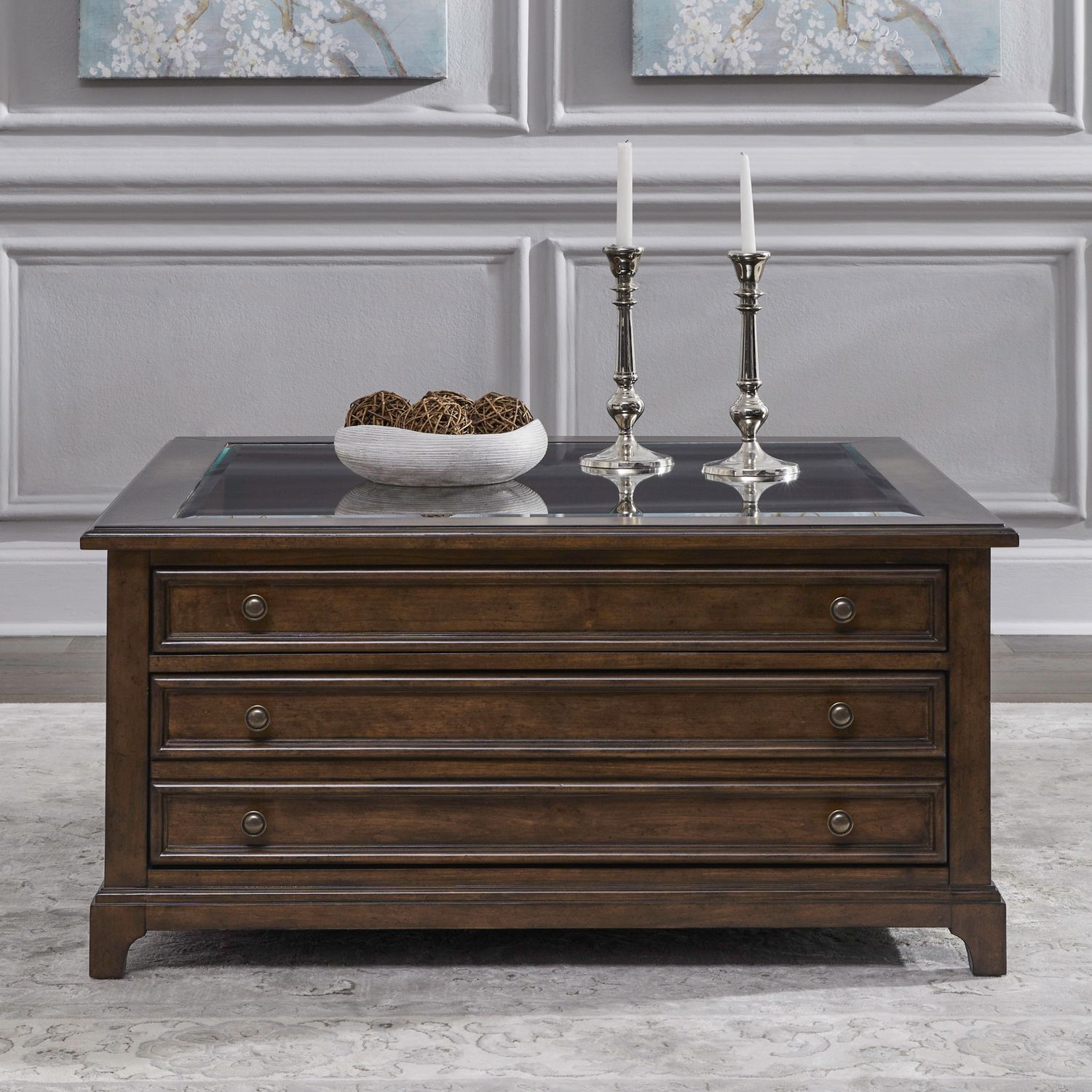 Arden Road Square Wood & Glass Collector Cocktail Table | Cherry