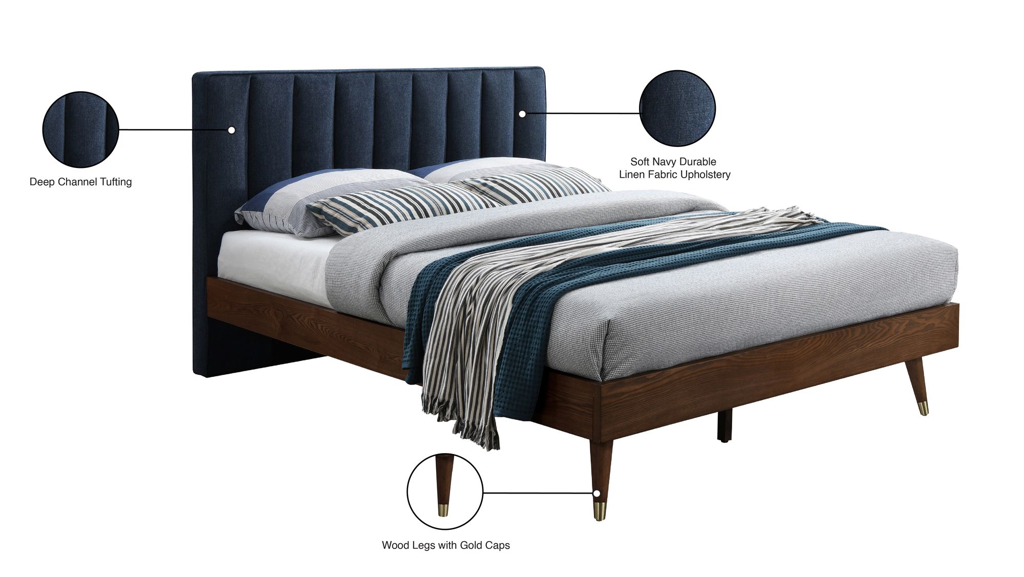 Vance Mid-Century Modern Linen Fabric Queen Size Bed