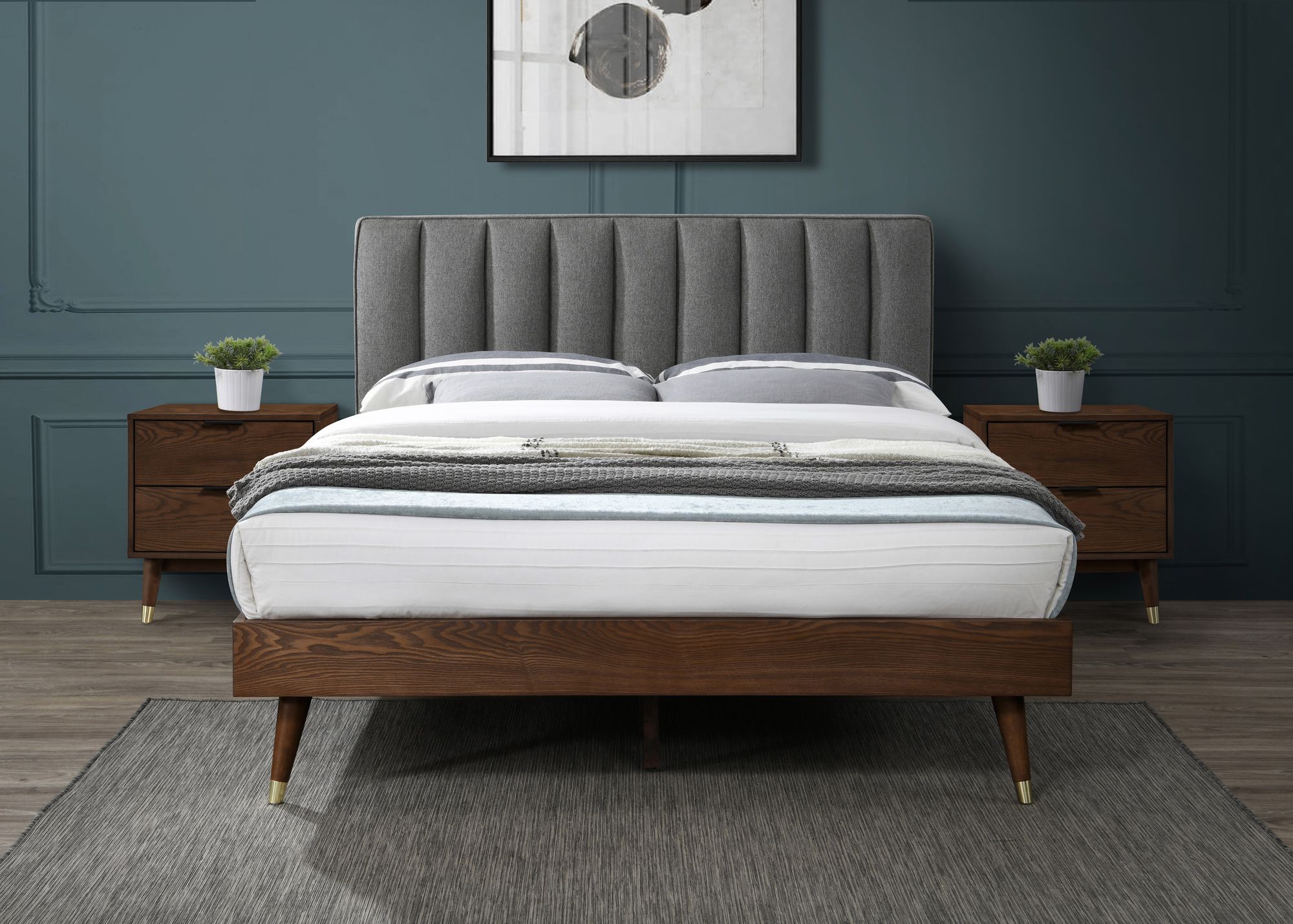 Vance Mid-Century Modern Linen Fabric Queen Size Bed