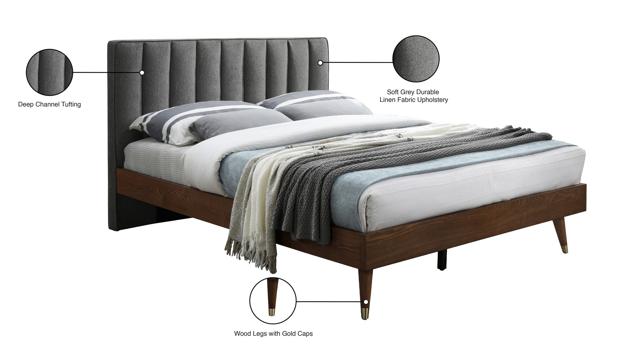 Vance Mid-Century Modern Linen Fabric Queen Size Bed