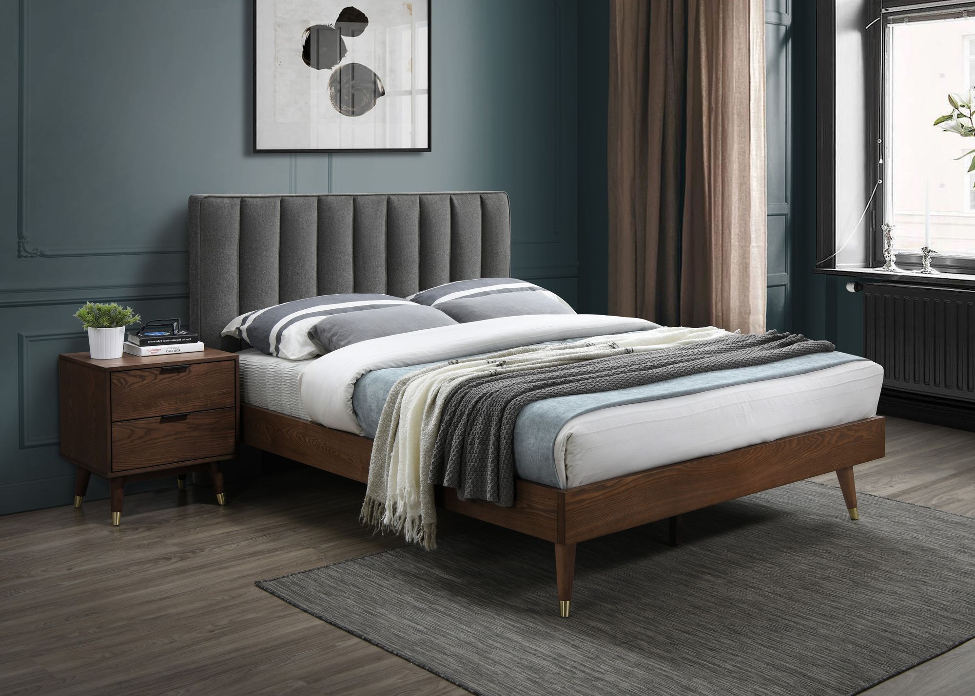 Vance Mid-Century Modern Linen Fabric King Size Bed