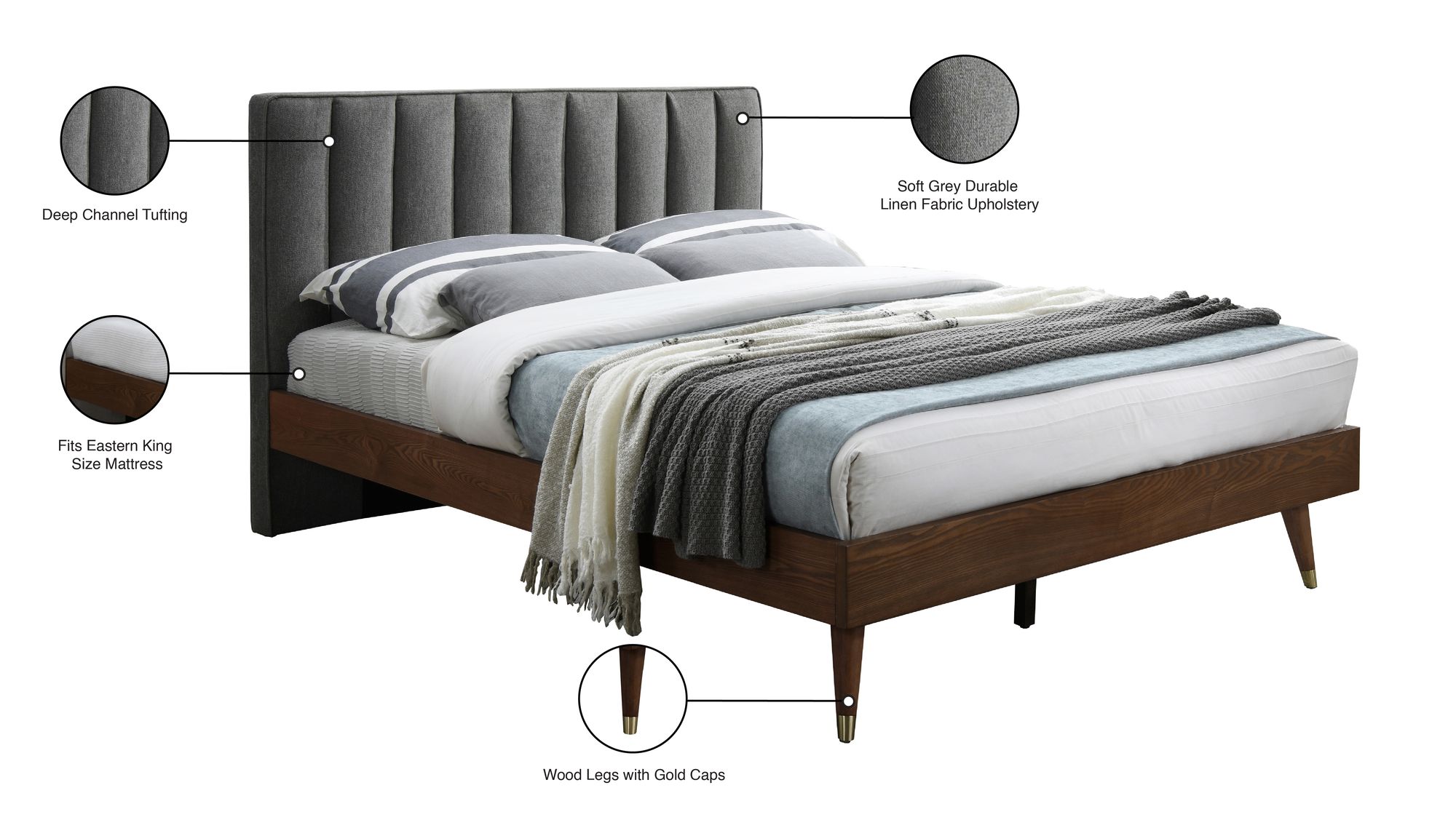 Vance Mid-Century Modern Linen Fabric King Size Bed