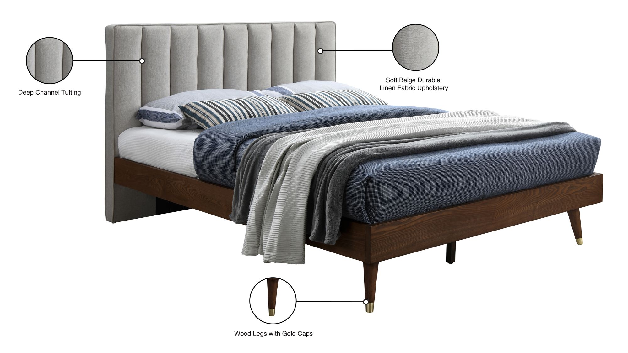 Vance Mid-Century Modern Linen Fabric Queen Size Bed