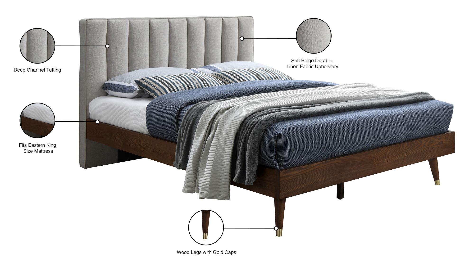 Vance Mid-Century Modern Linen Fabric King Size Bed
