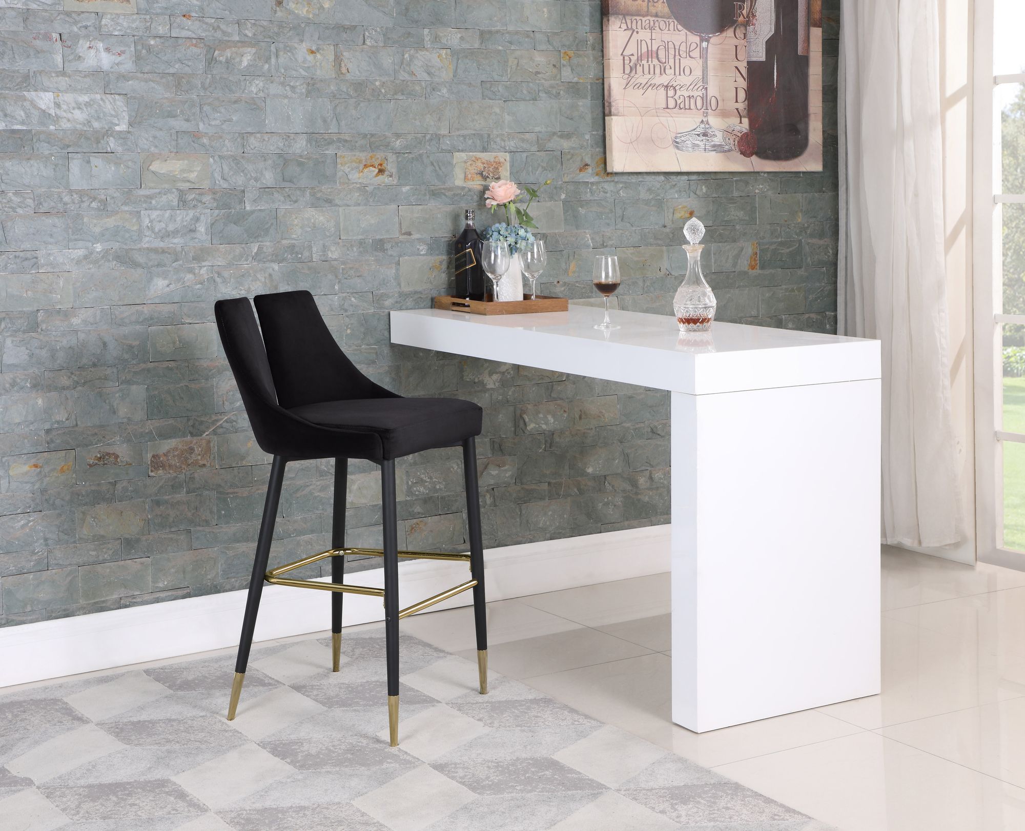 Sleek Velvet Bar Stool with Matte Black Metal Legs & Gold Tips