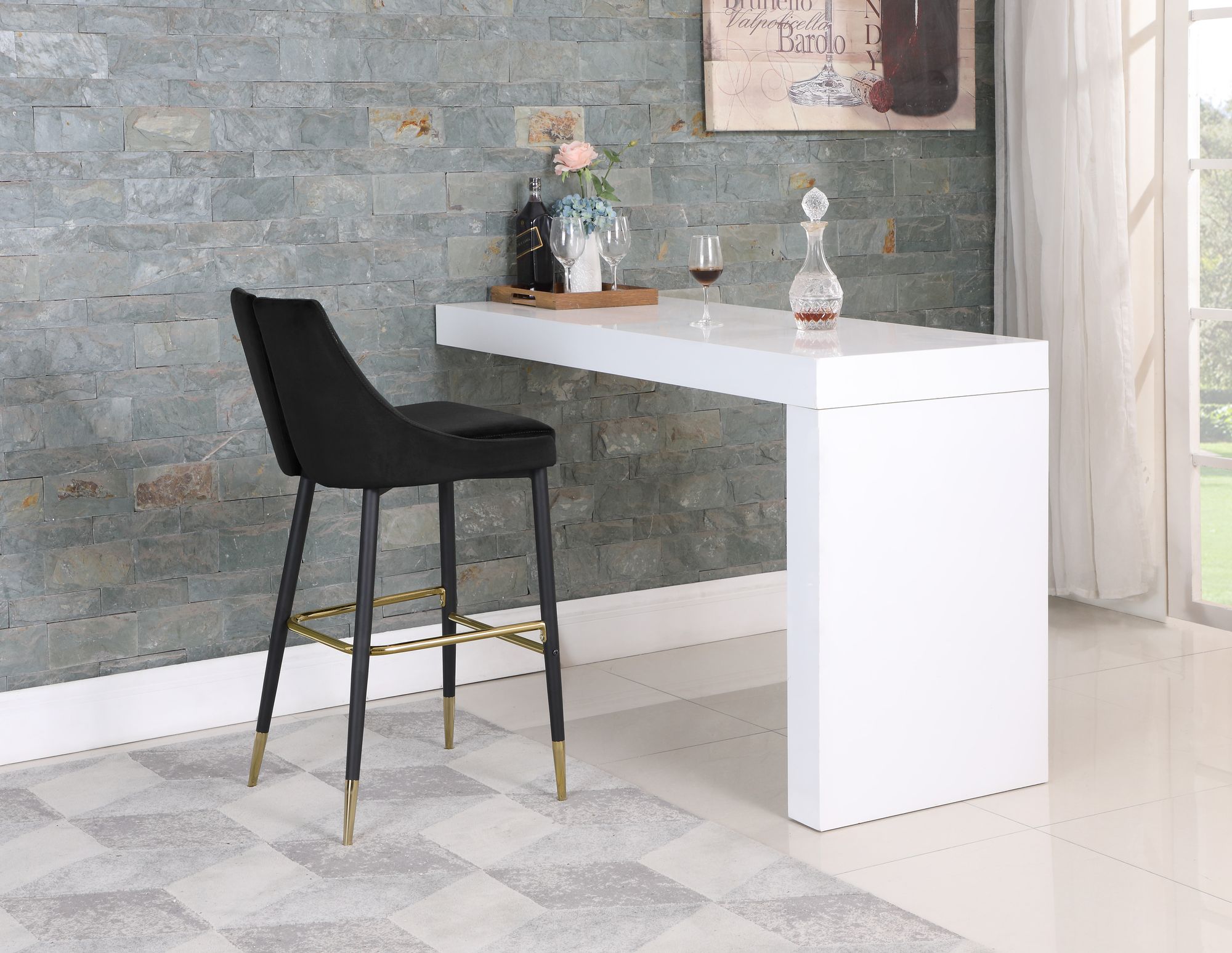 Sleek Velvet Bar Stool with Matte Black Metal Legs & Gold Tips