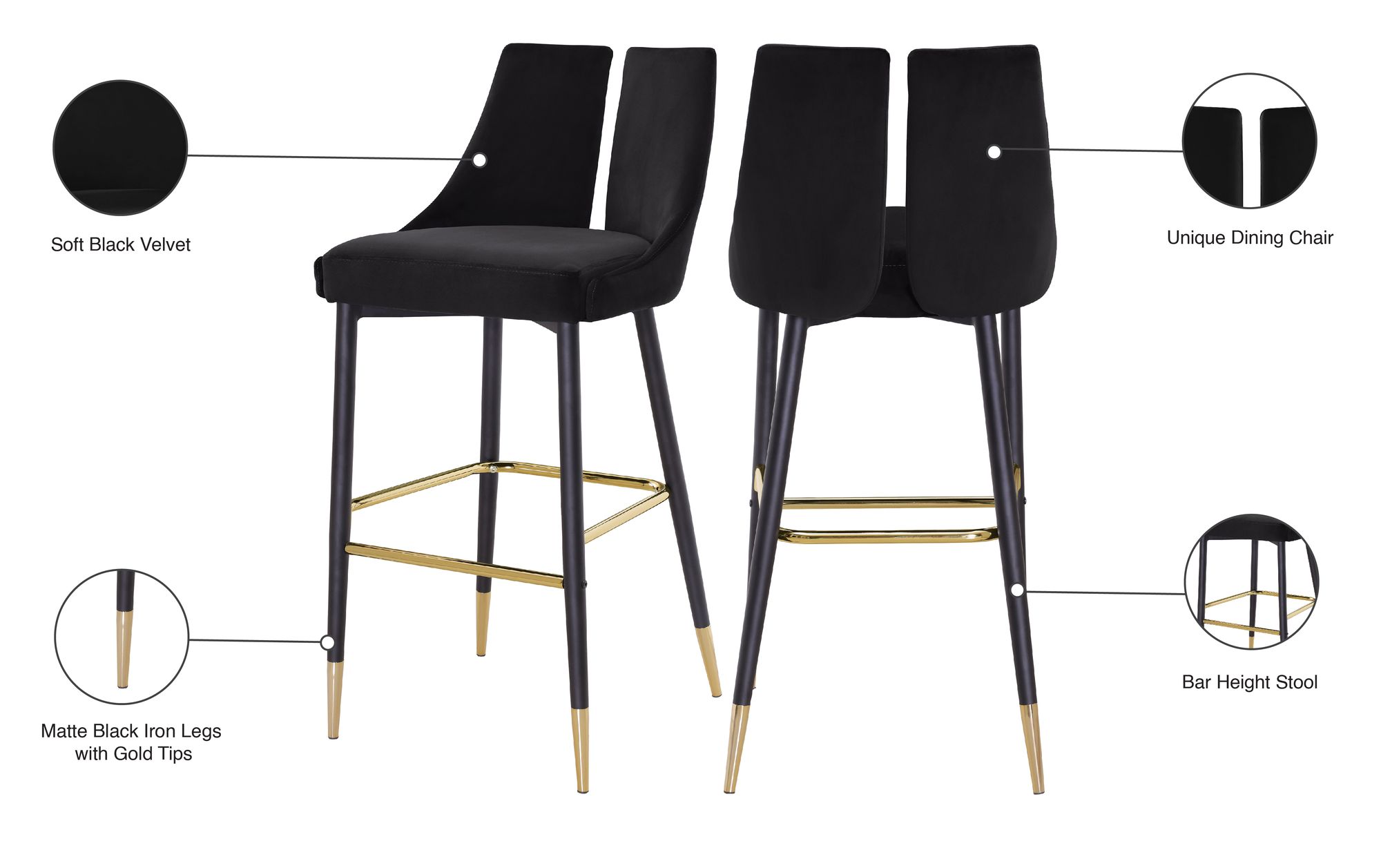 Sleek Velvet Bar Stool with Matte Black Metal Legs & Gold Tips