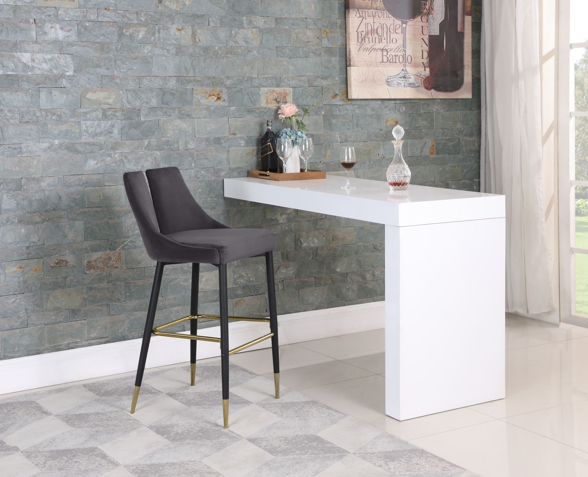 Sleek Velvet Bar Stool with Matte Black Metal Legs & Gold Tips