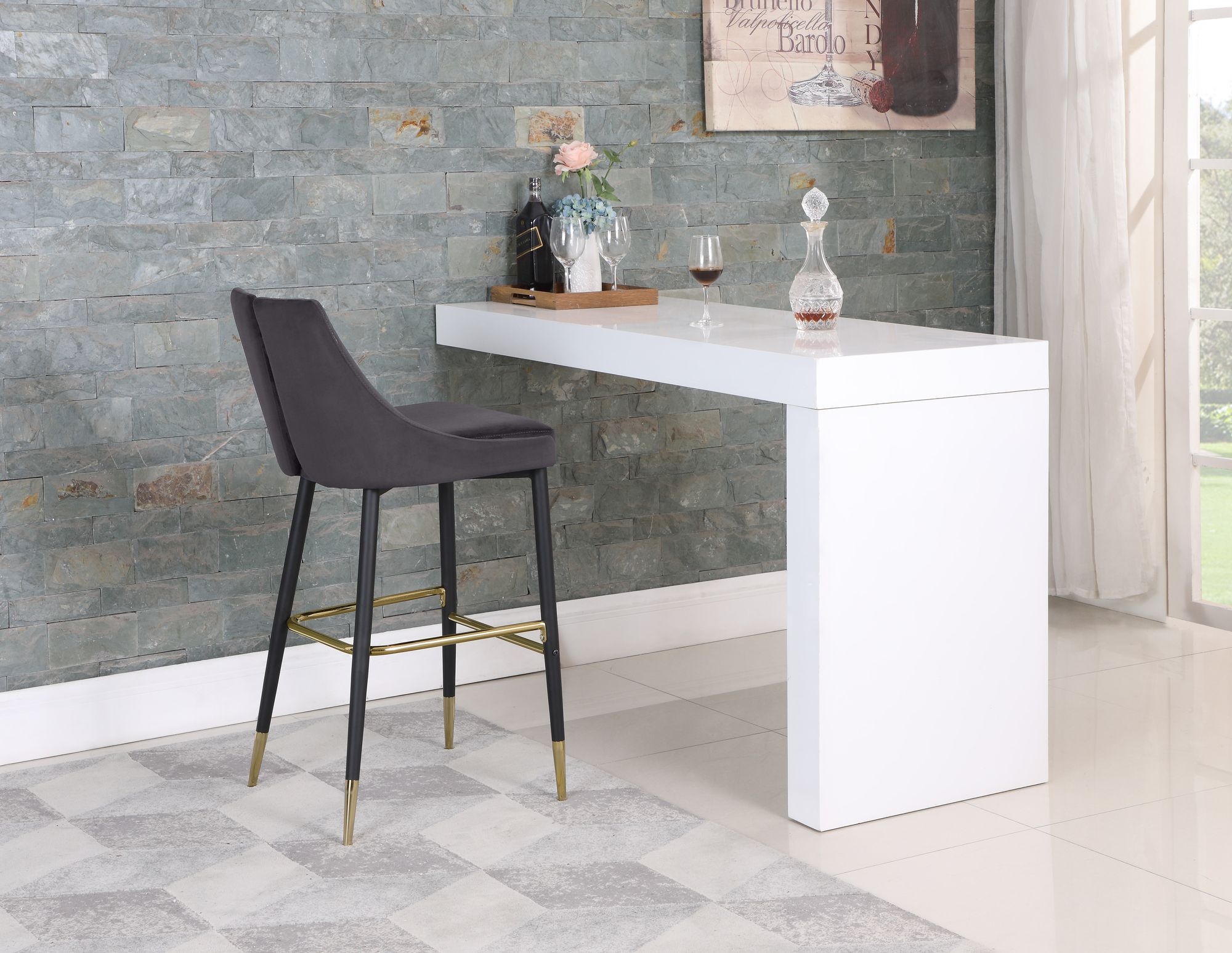 Sleek Velvet Bar Stool with Matte Black Metal Legs & Gold Tips