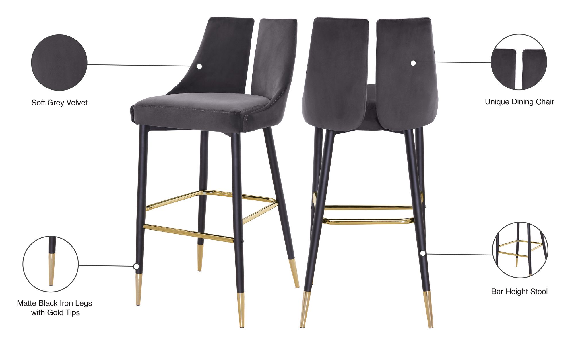 Sleek Velvet Bar Stool with Matte Black Metal Legs & Gold Tips