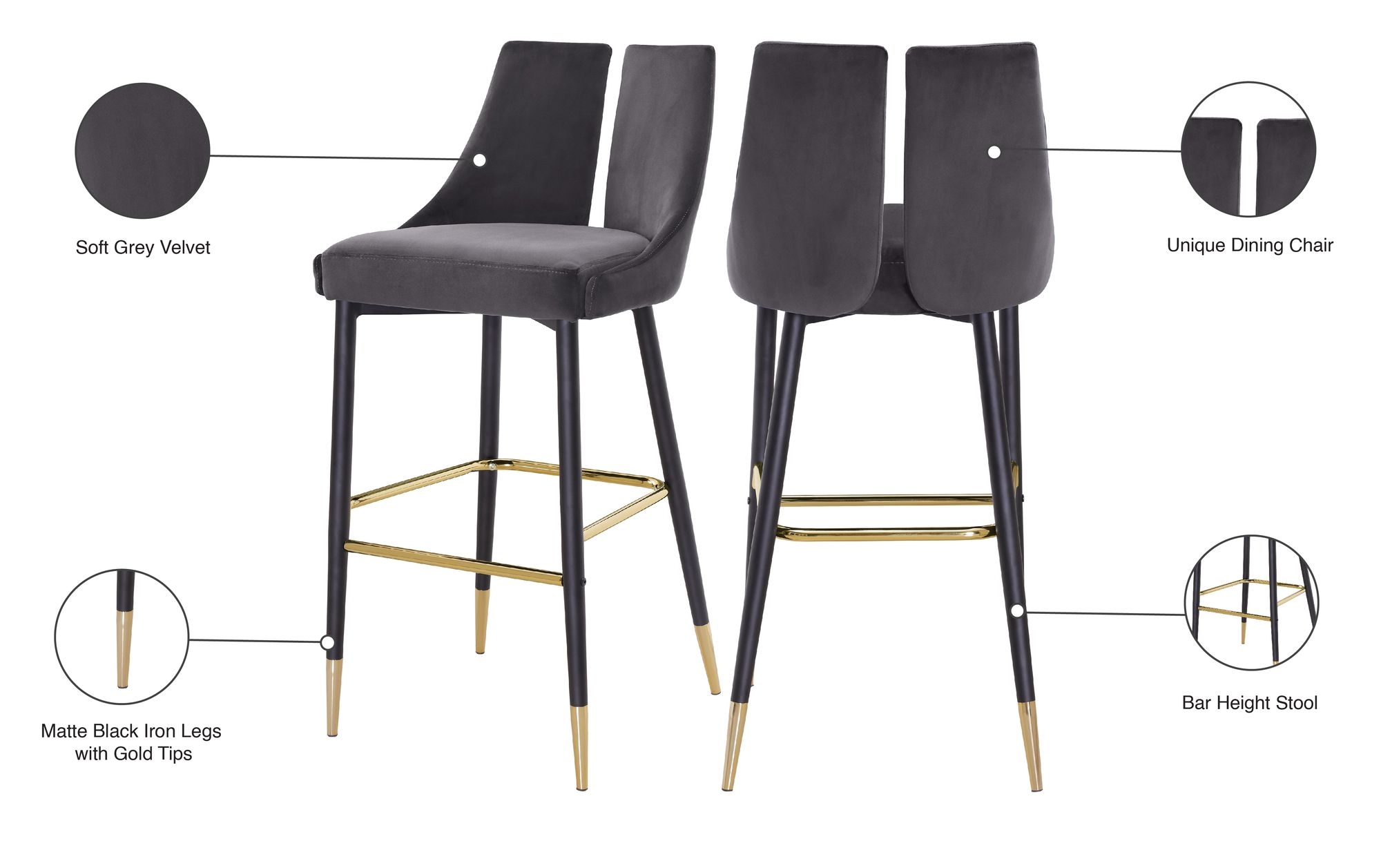 Sleek Velvet Bar Stool with Matte Black Metal Legs & Gold Tips