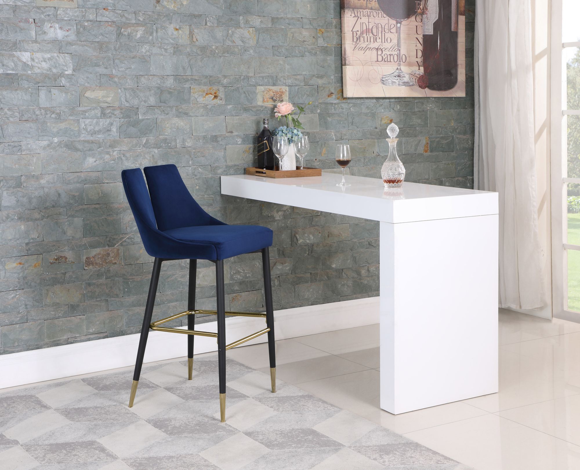Sleek Velvet Bar Stool with Matte Black Metal Legs & Gold Tips