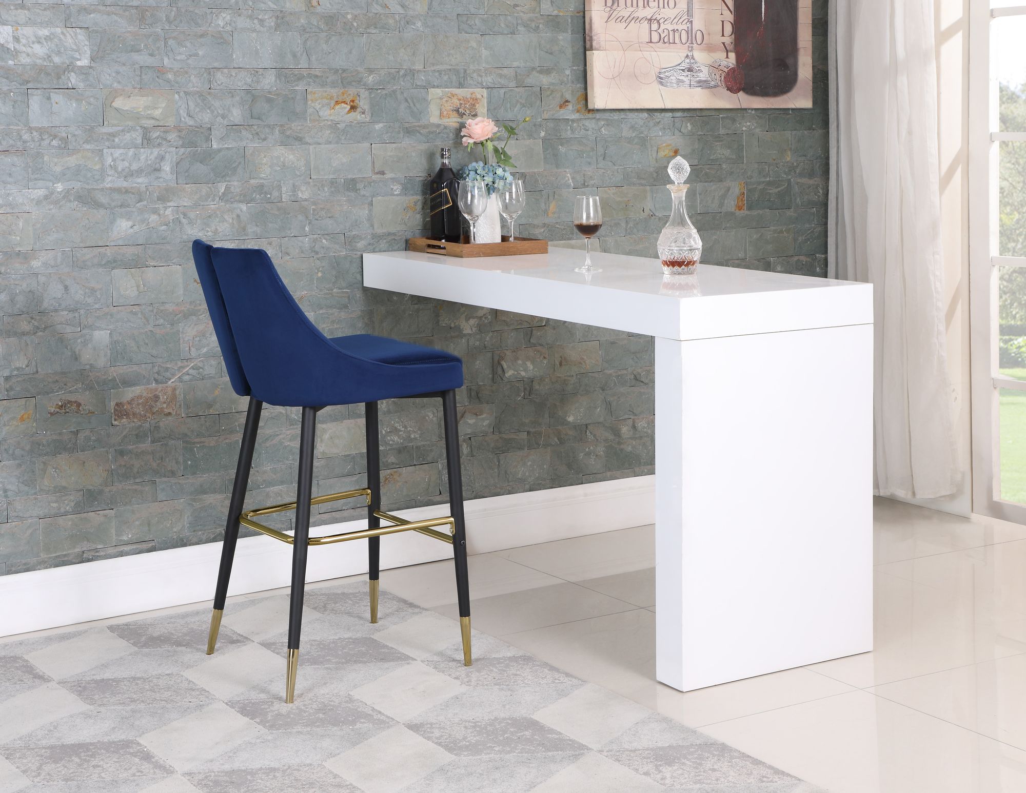 Sleek Velvet Bar Stool with Matte Black Metal Legs & Gold Tips