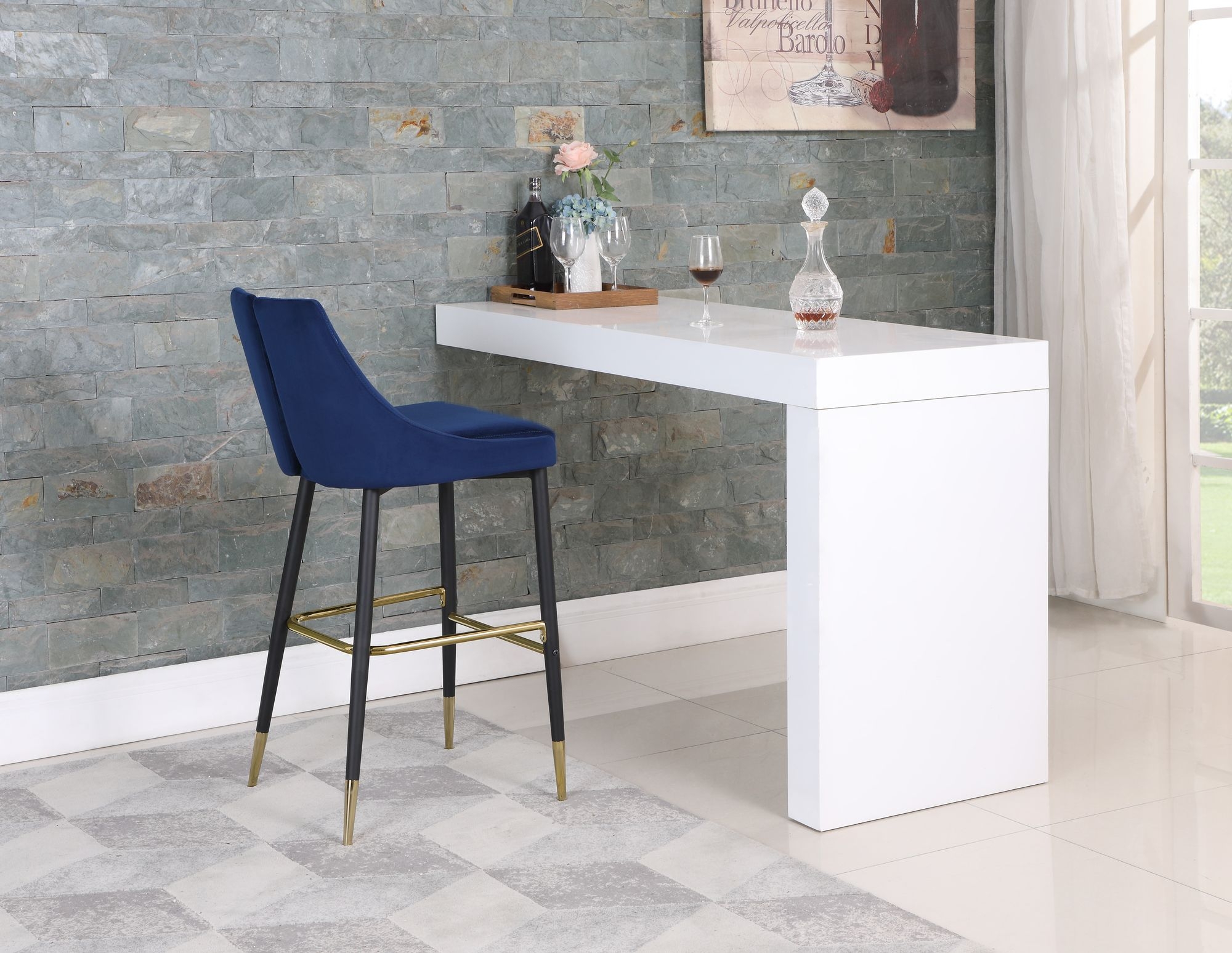 Sleek Velvet Bar Stool with Matte Black Metal Legs & Gold Tips