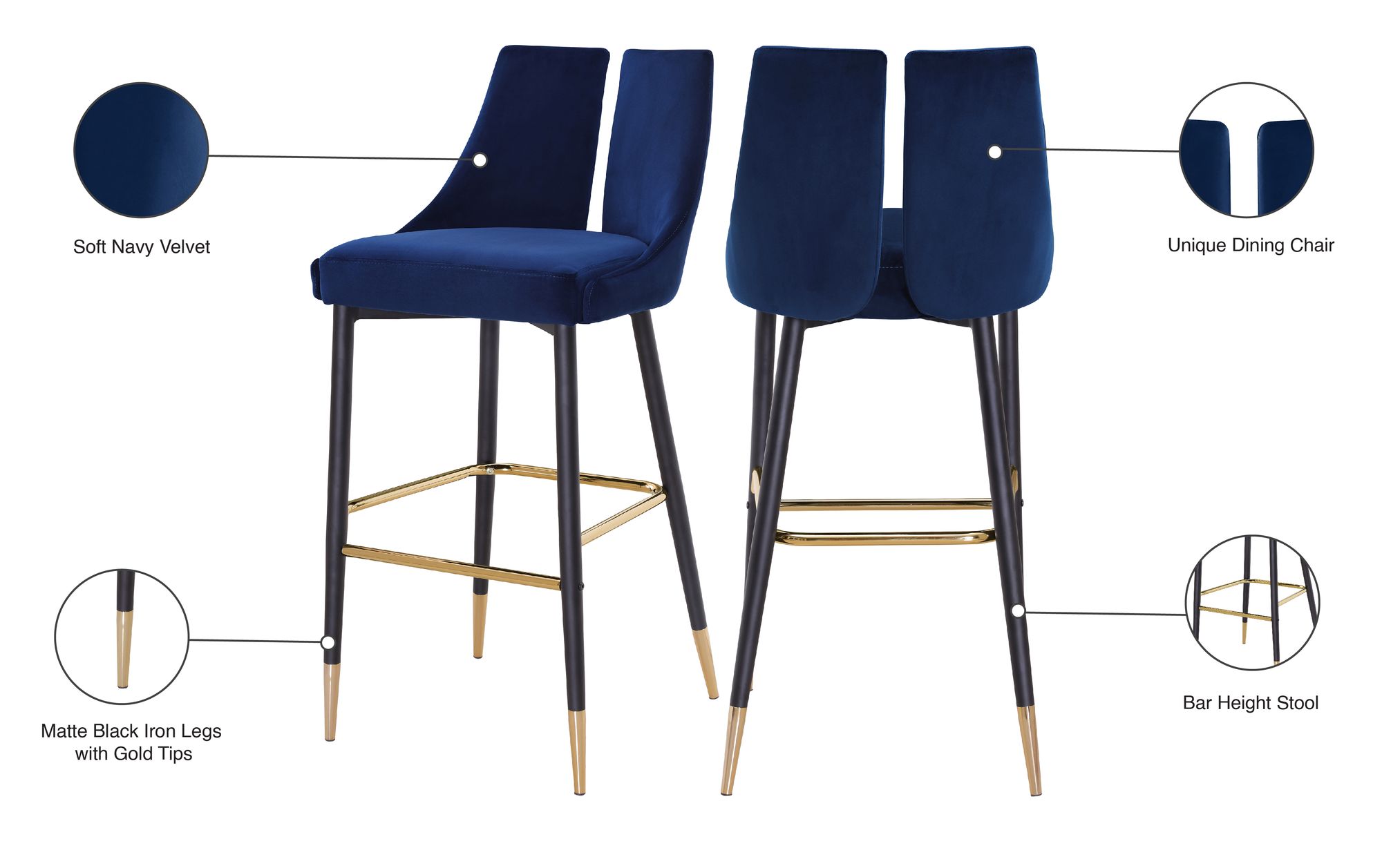 Sleek Velvet Bar Stool with Matte Black Metal Legs & Gold Tips