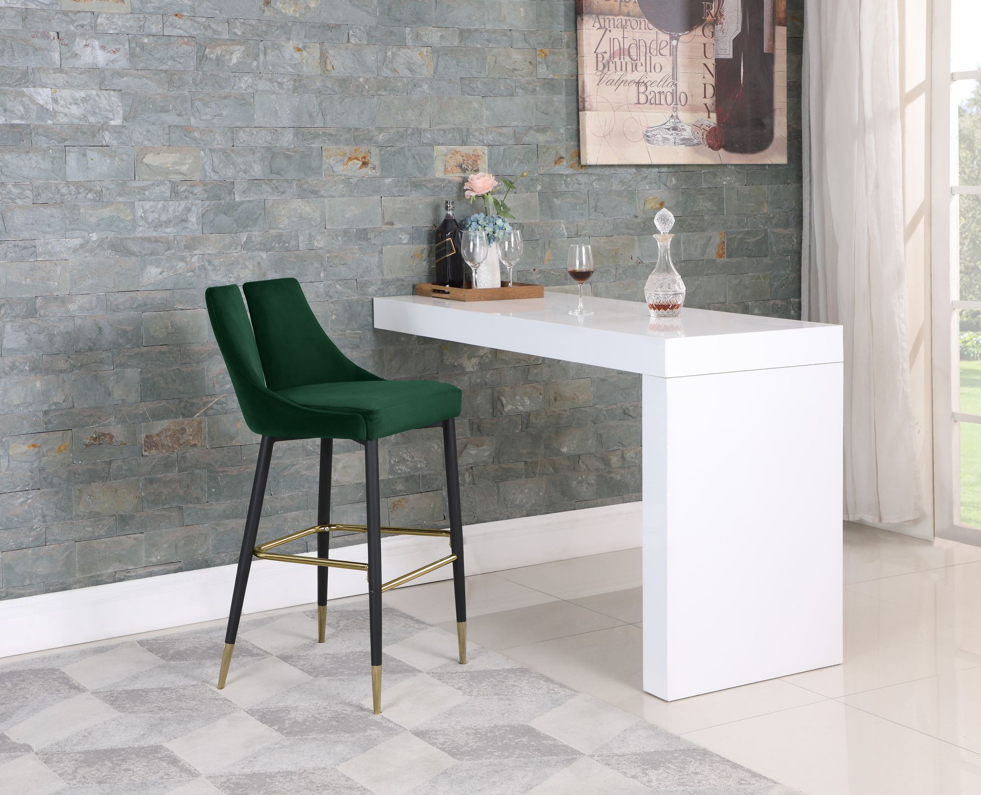 Sleek Velvet Bar Stool with Matte Black Metal Legs & Gold Tips