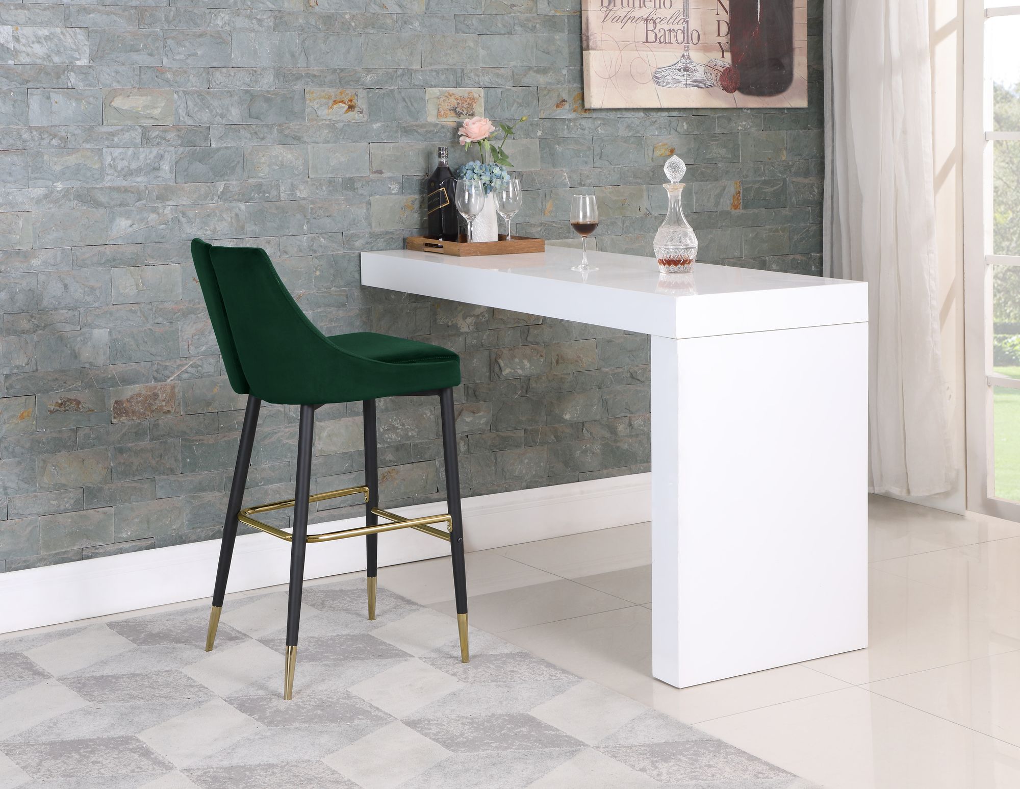Sleek Velvet Bar Stool with Matte Black Metal Legs & Gold Tips