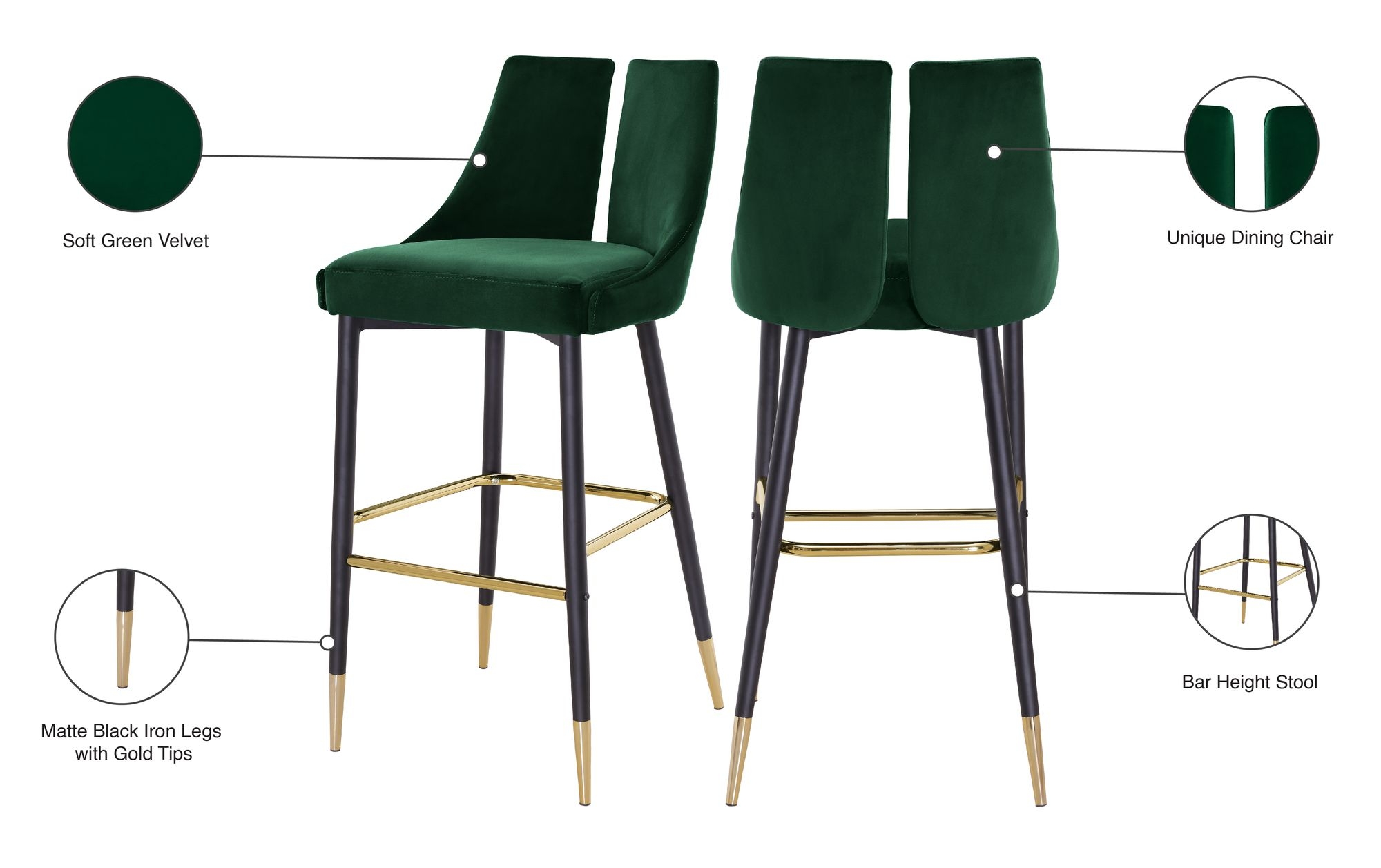 Sleek Velvet Bar Stool with Matte Black Metal Legs & Gold Tips