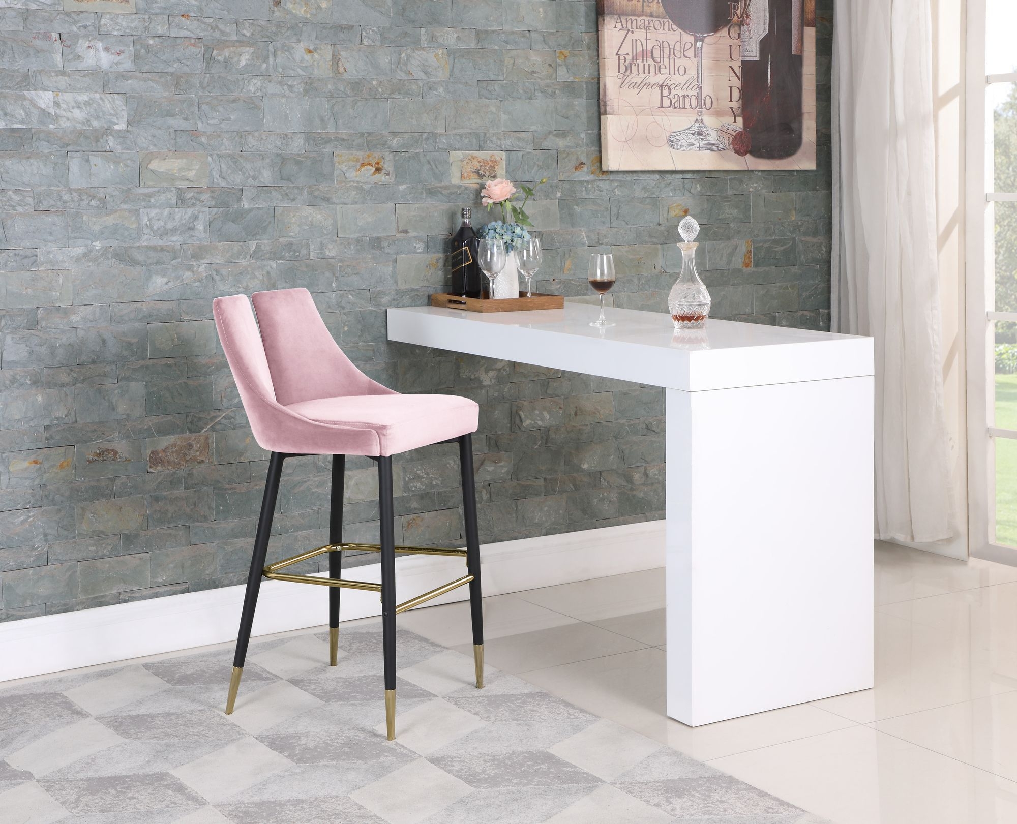 Sleek Velvet Bar Stool with Matte Black Metal Legs & Gold Tips