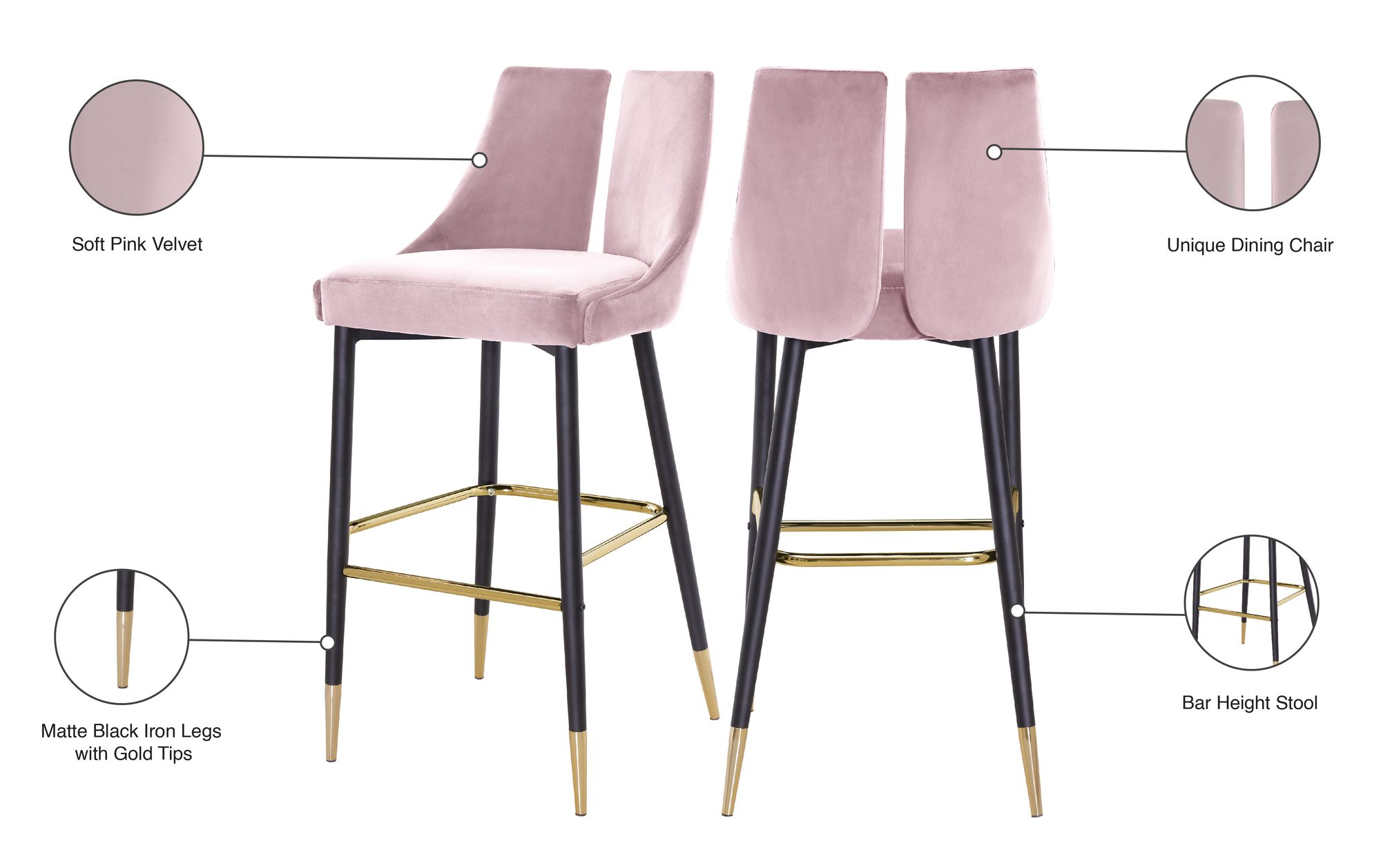 Sleek Velvet Bar Stool with Matte Black Metal Legs & Gold Tips