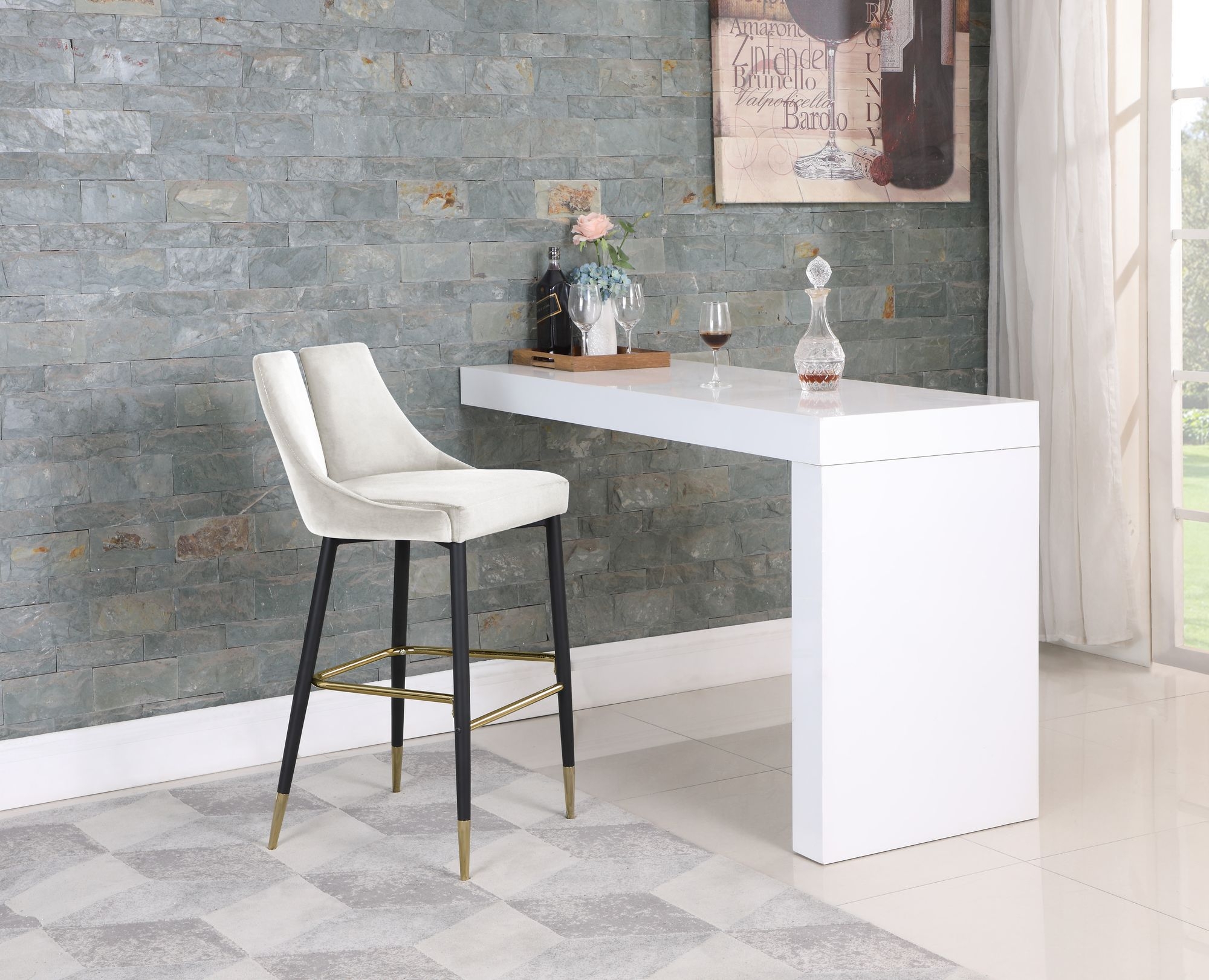 Sleek Velvet Bar Stool with Matte Black Metal Legs & Gold Tips