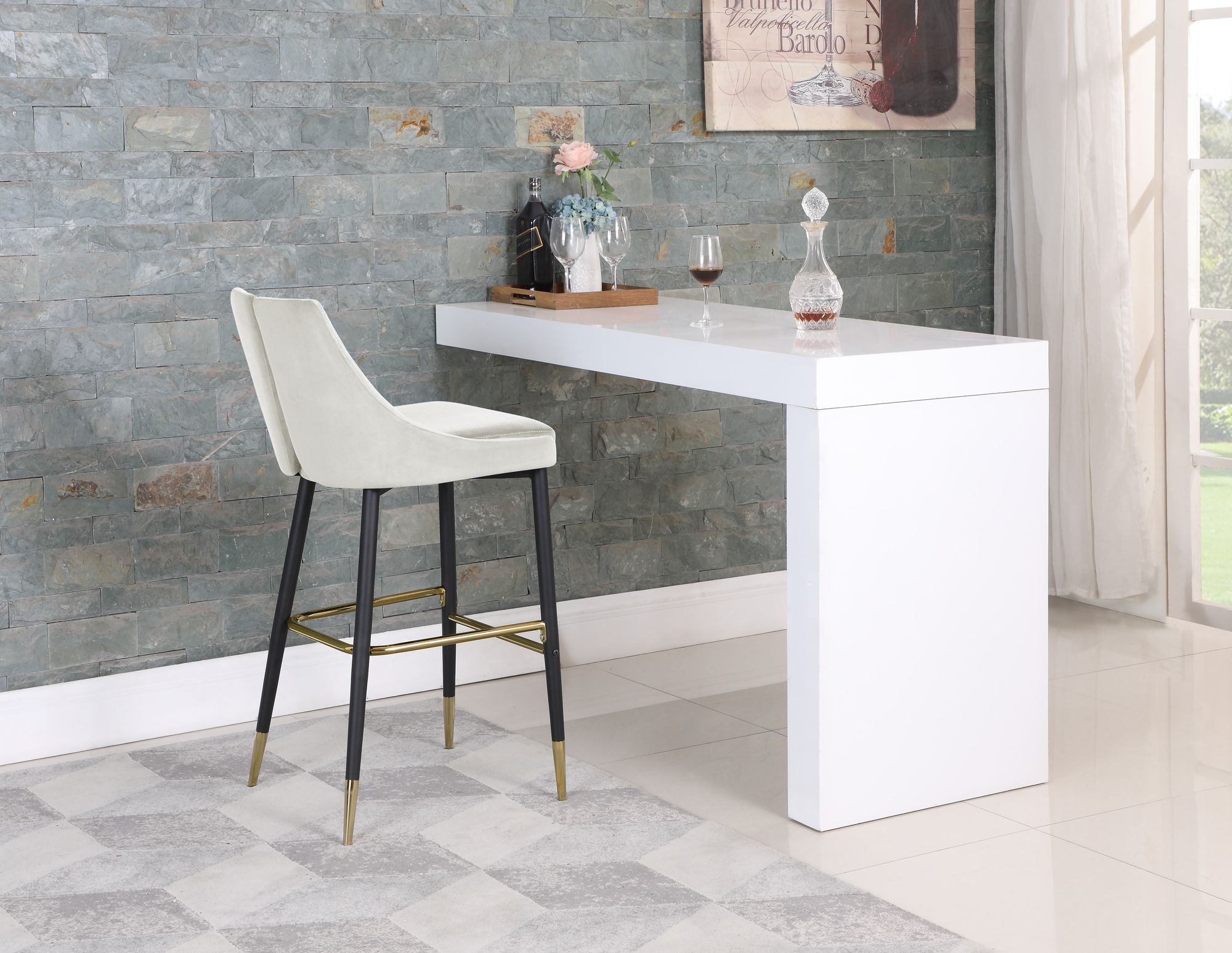 Sleek Velvet Bar Stool with Matte Black Metal Legs & Gold Tips