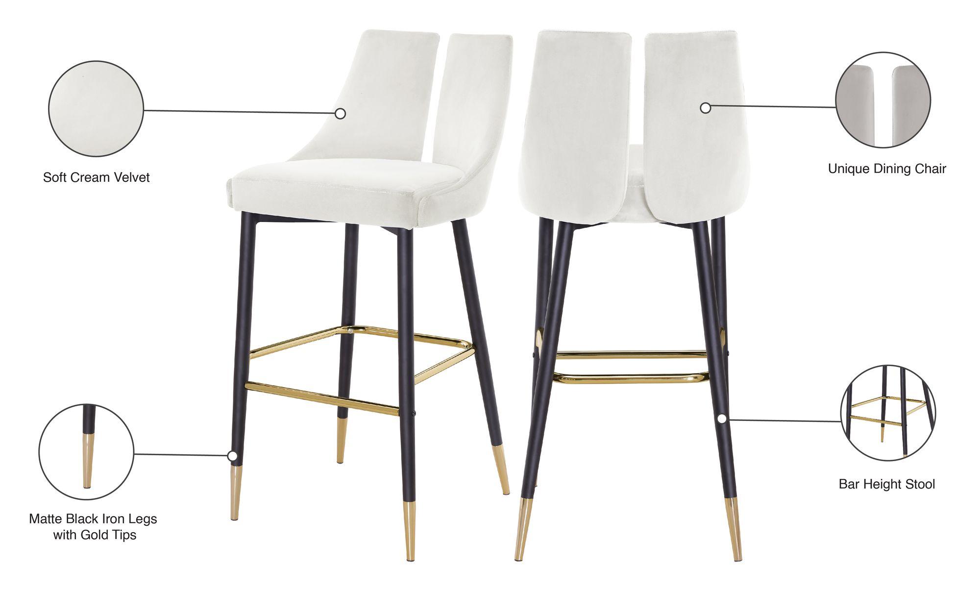 Sleek Velvet Bar Stool with Matte Black Metal Legs & Gold Tips