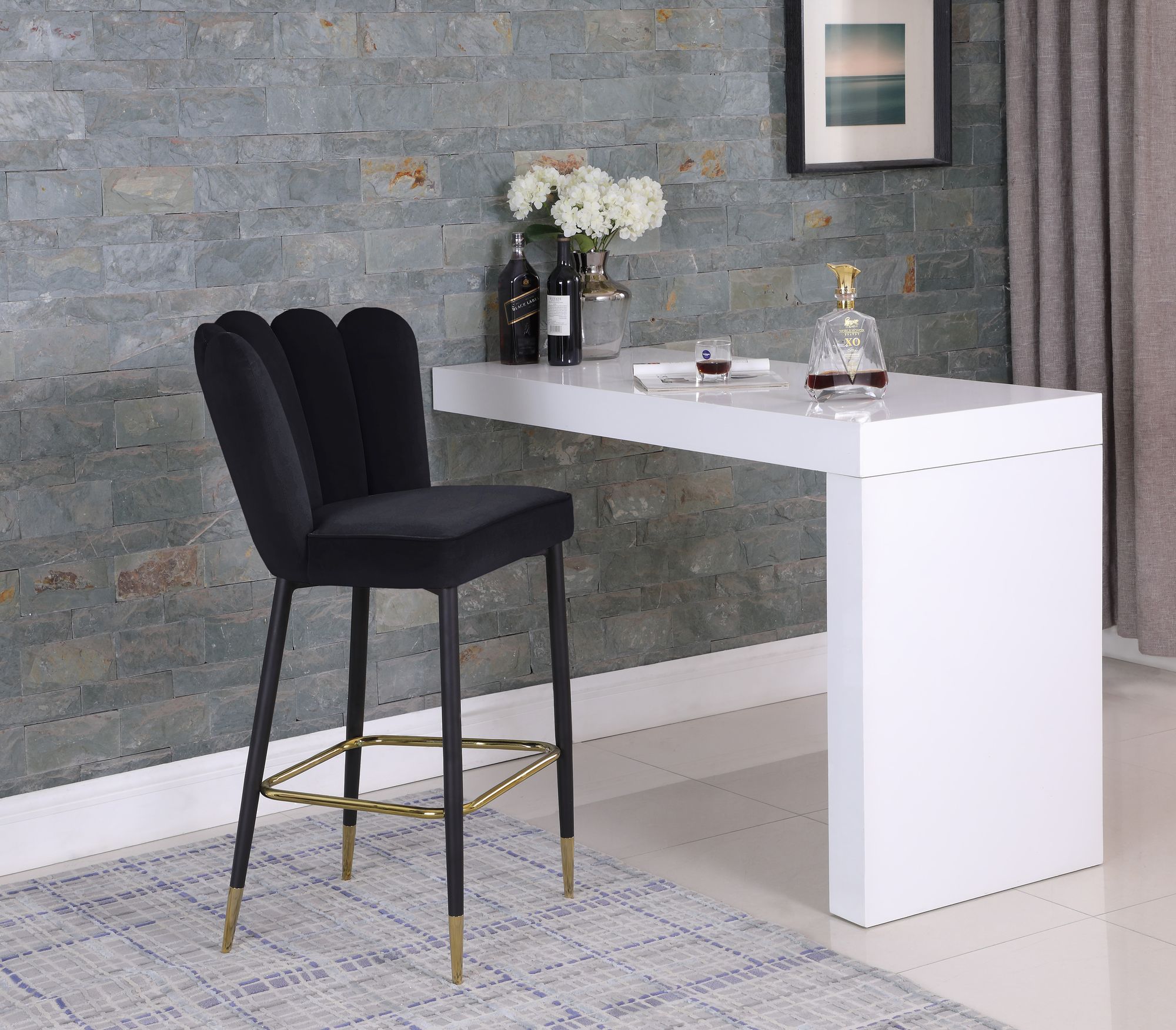 Lily Velvet Bar Stool with Matte Black Metal Legs with Gold Tips