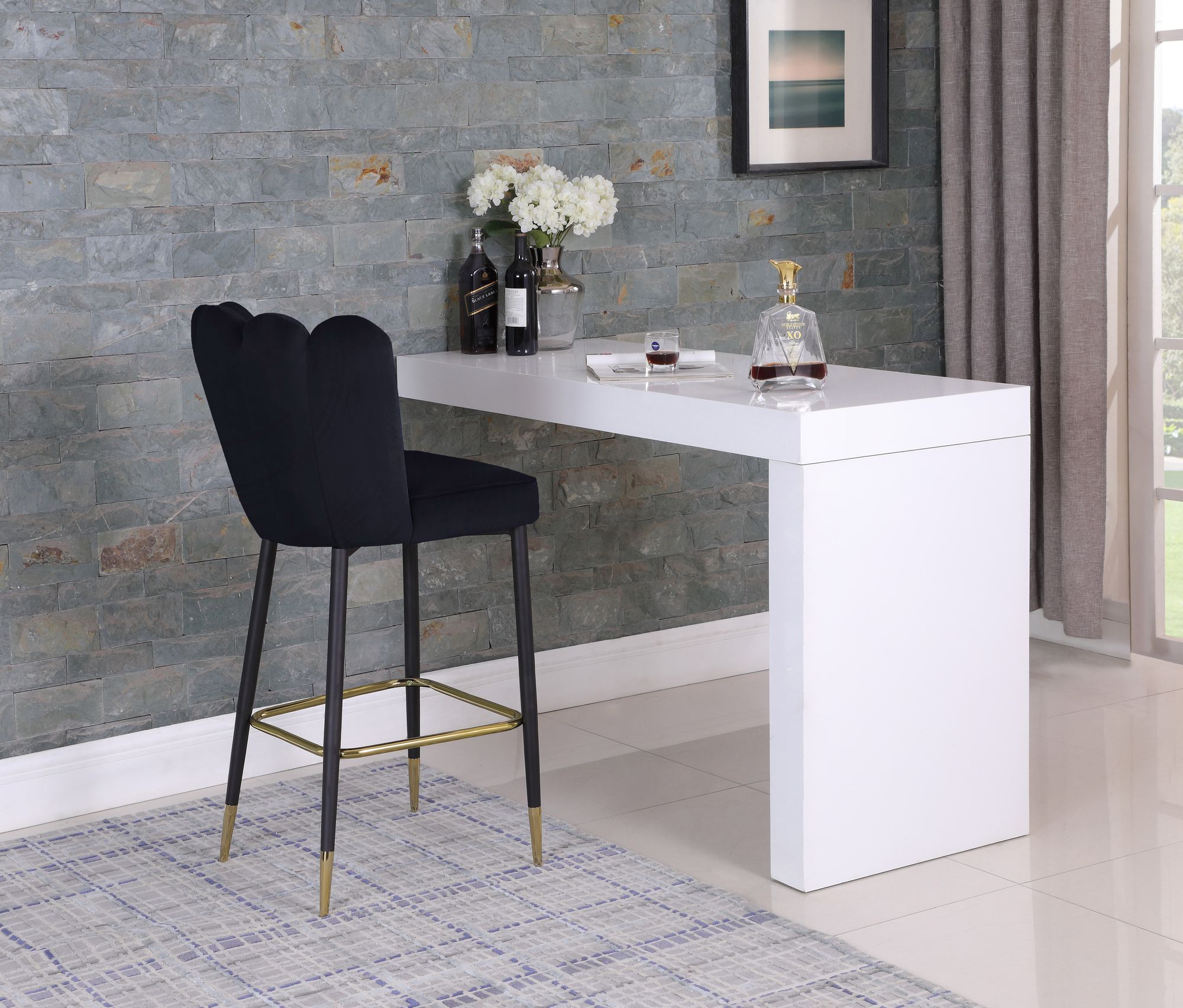 Lily Velvet Bar Stool with Matte Black Metal Legs with Gold Tips