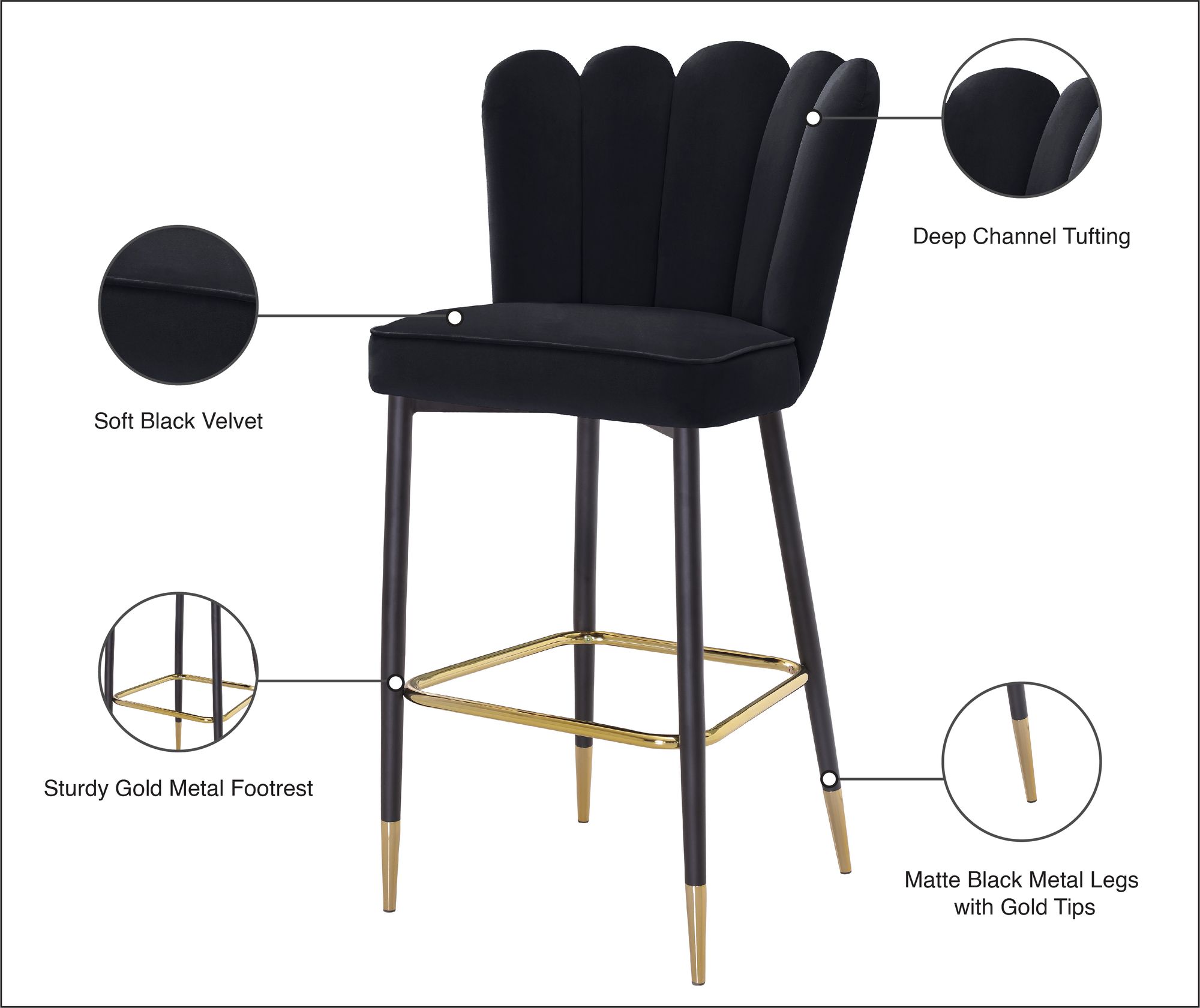 Lily Velvet Bar Stool with Matte Black Metal Legs with Gold Tips