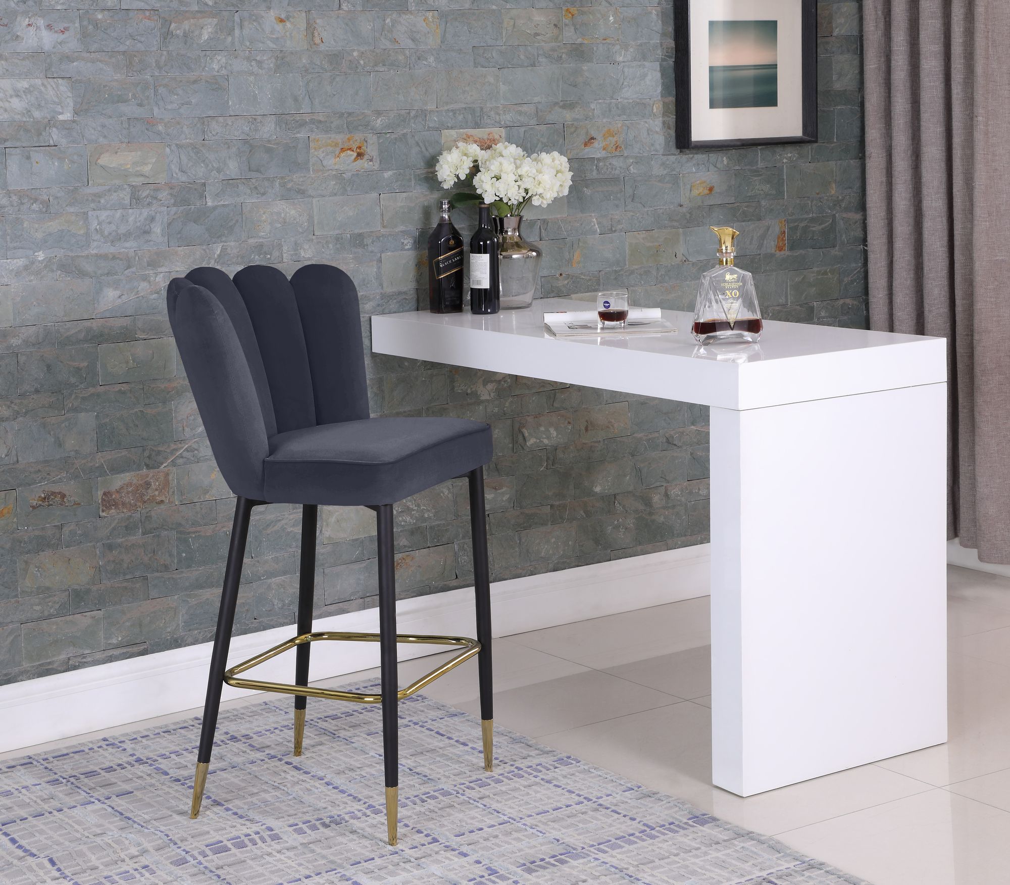 Lily Velvet Bar Stool with Matte Black Metal Legs with Gold Tips