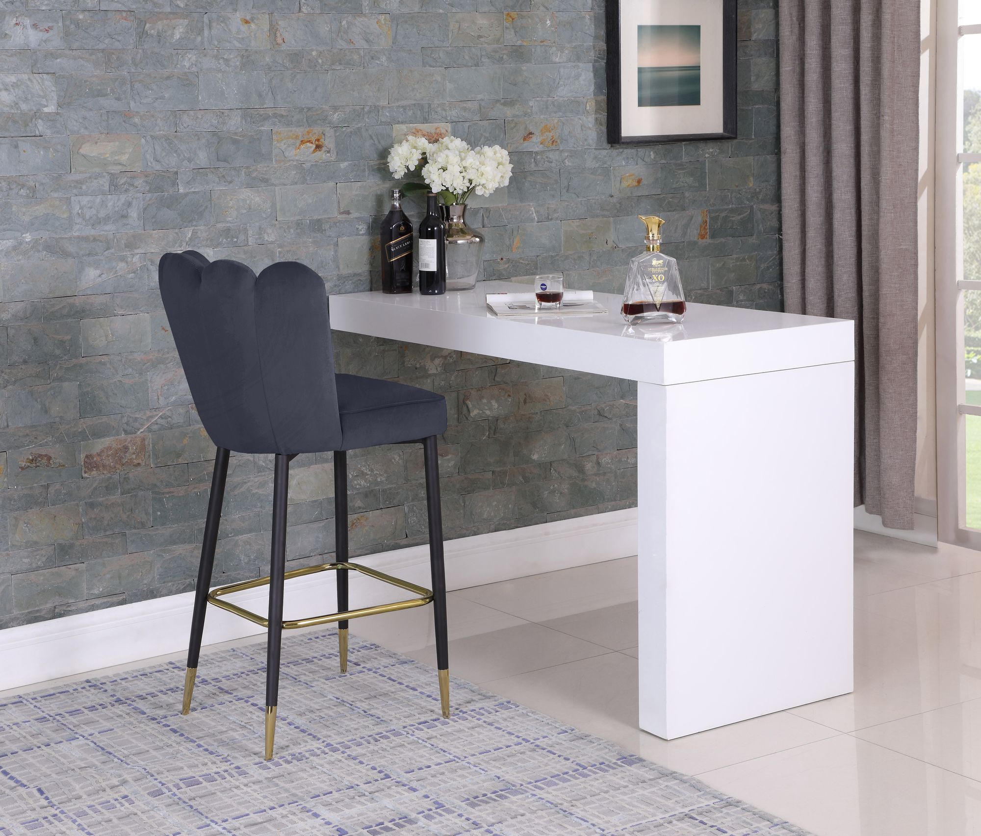 Lily Velvet Bar Stool with Matte Black Metal Legs with Gold Tips