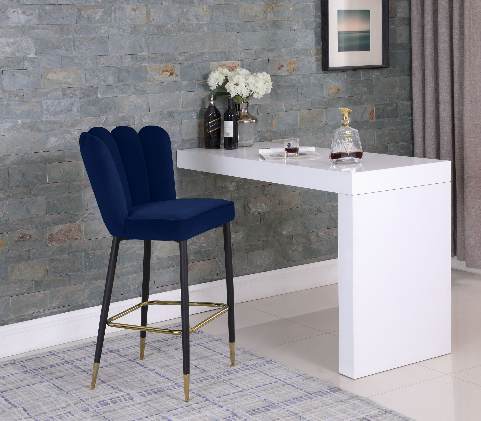 Lily Velvet Bar Stool with Matte Black Metal Legs with Gold Tips