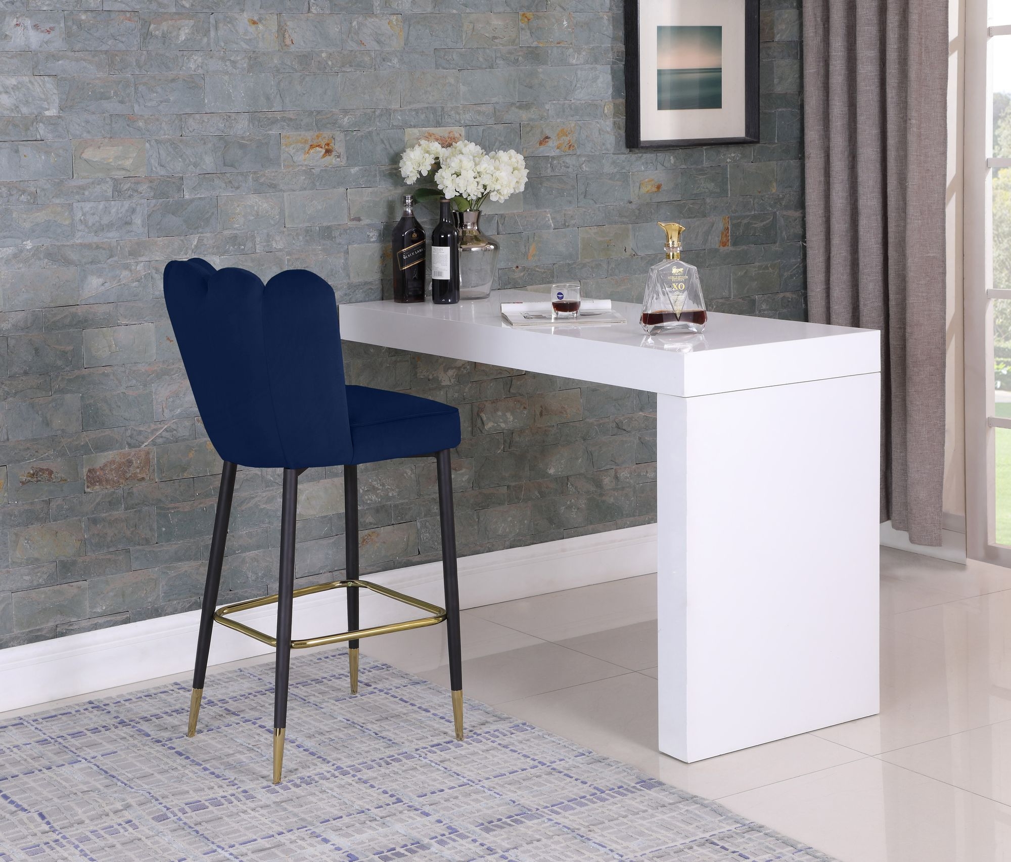 Lily Velvet Bar Stool with Matte Black Metal Legs with Gold Tips