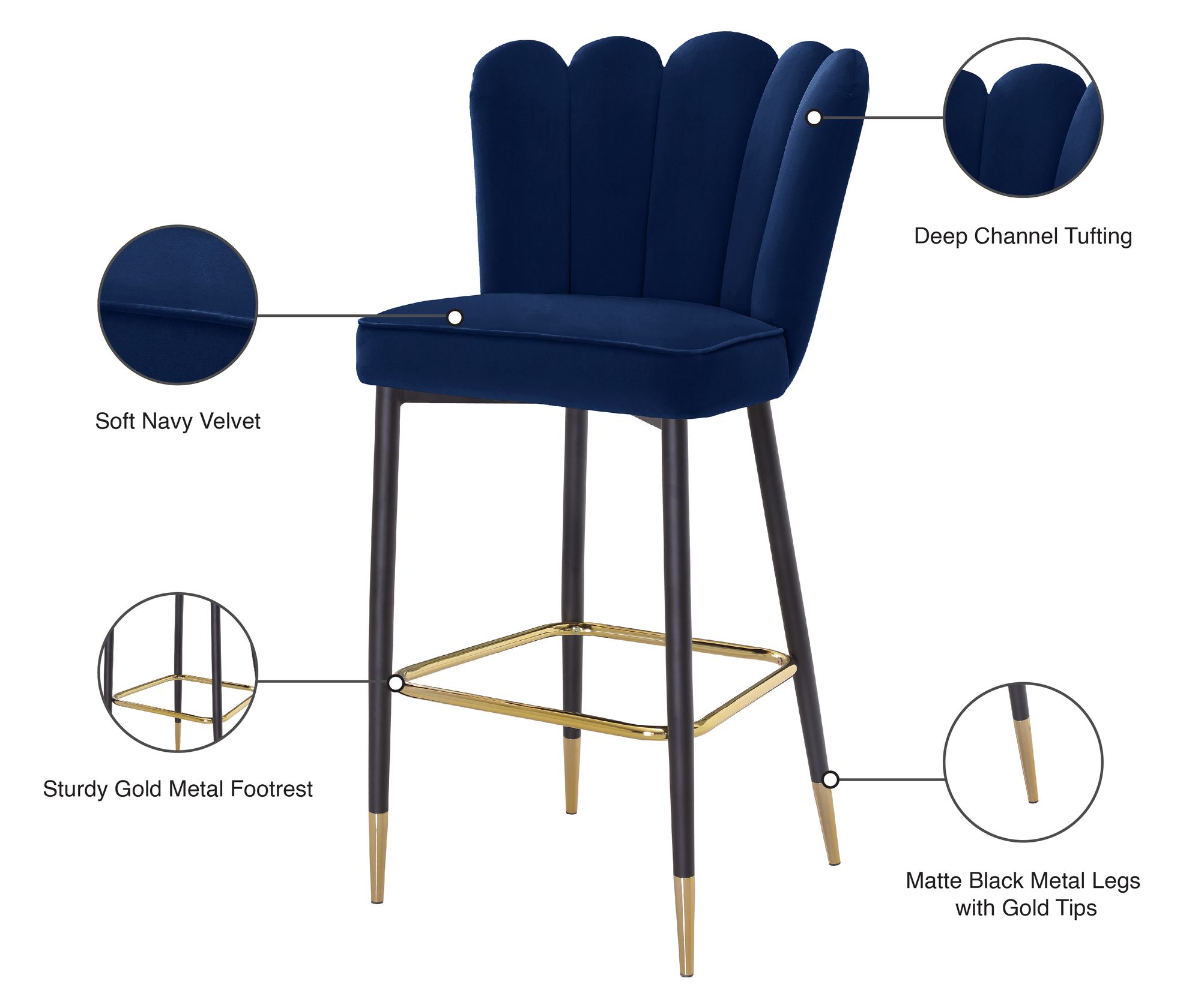 Lily Velvet Bar Stool with Matte Black Metal Legs with Gold Tips