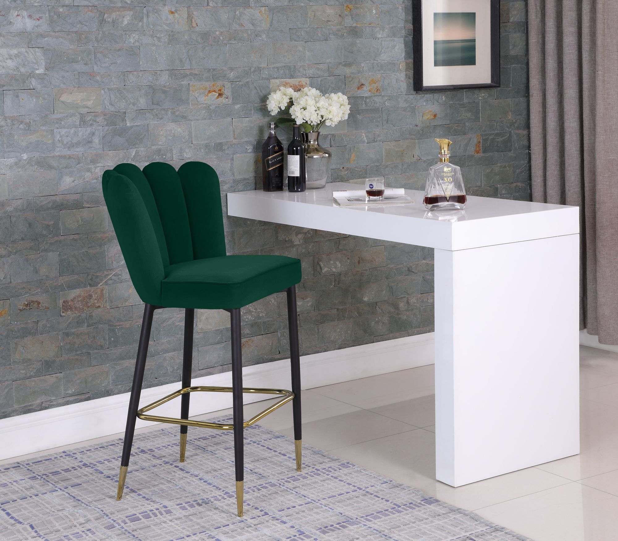 Lily Velvet Bar Stool with Matte Black Metal Legs with Gold Tips