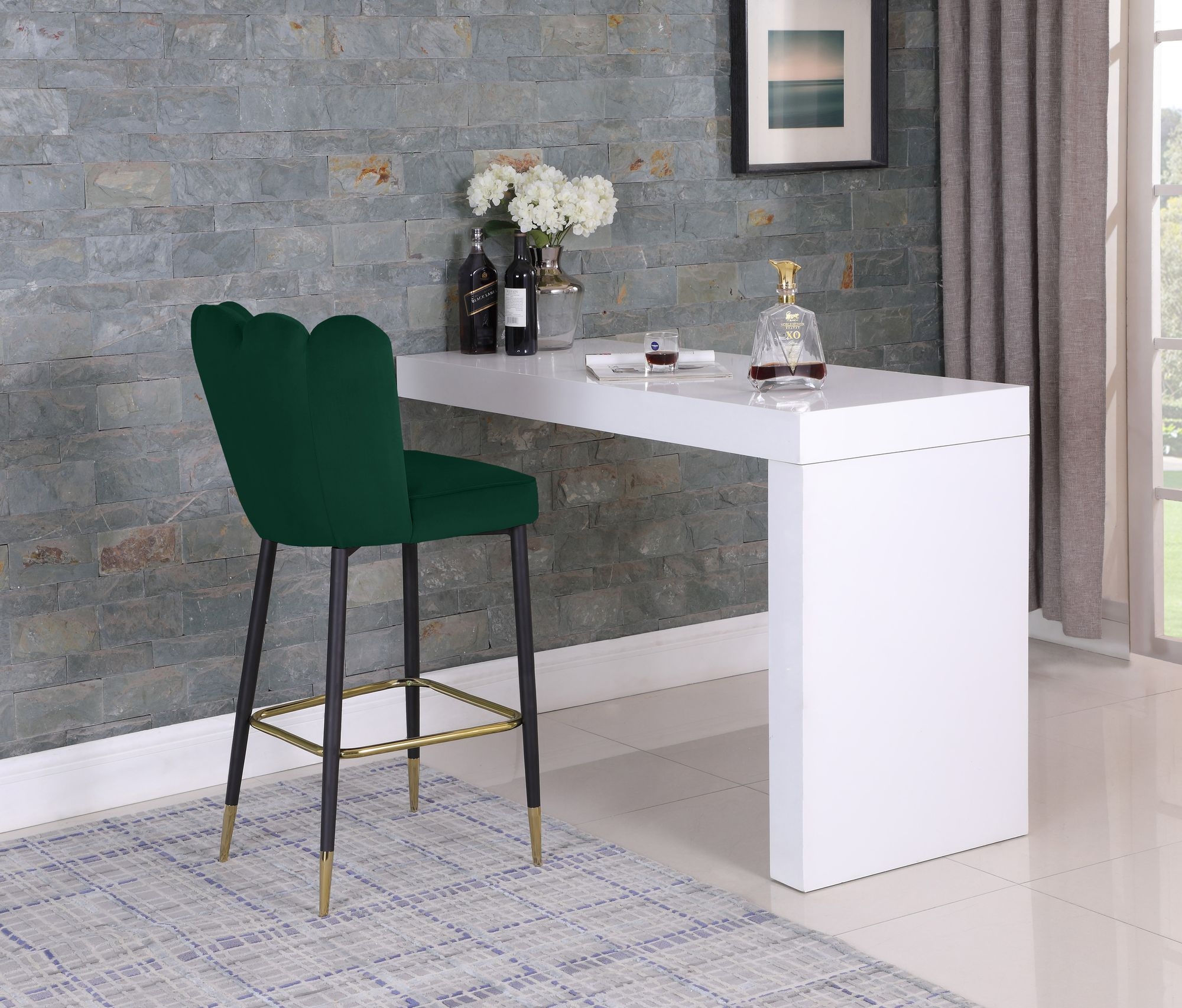 Lily Velvet Bar Stool with Matte Black Metal Legs with Gold Tips