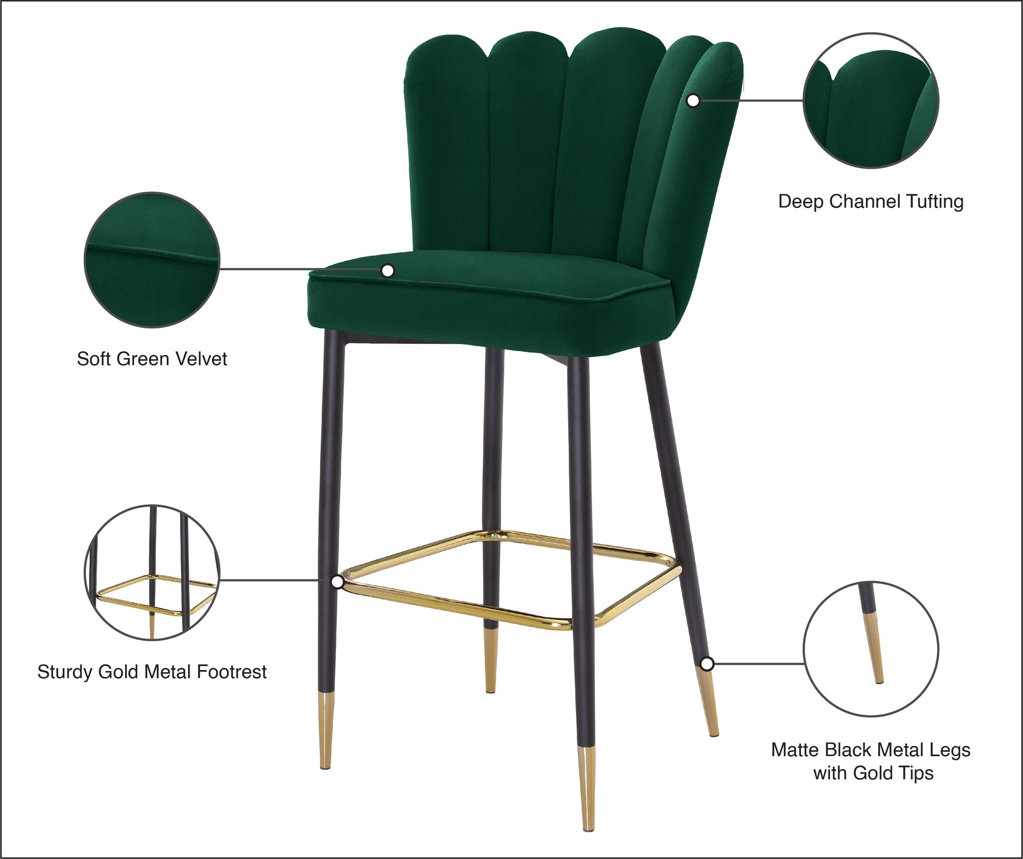 Lily Velvet Bar Stool with Matte Black Metal Legs with Gold Tips