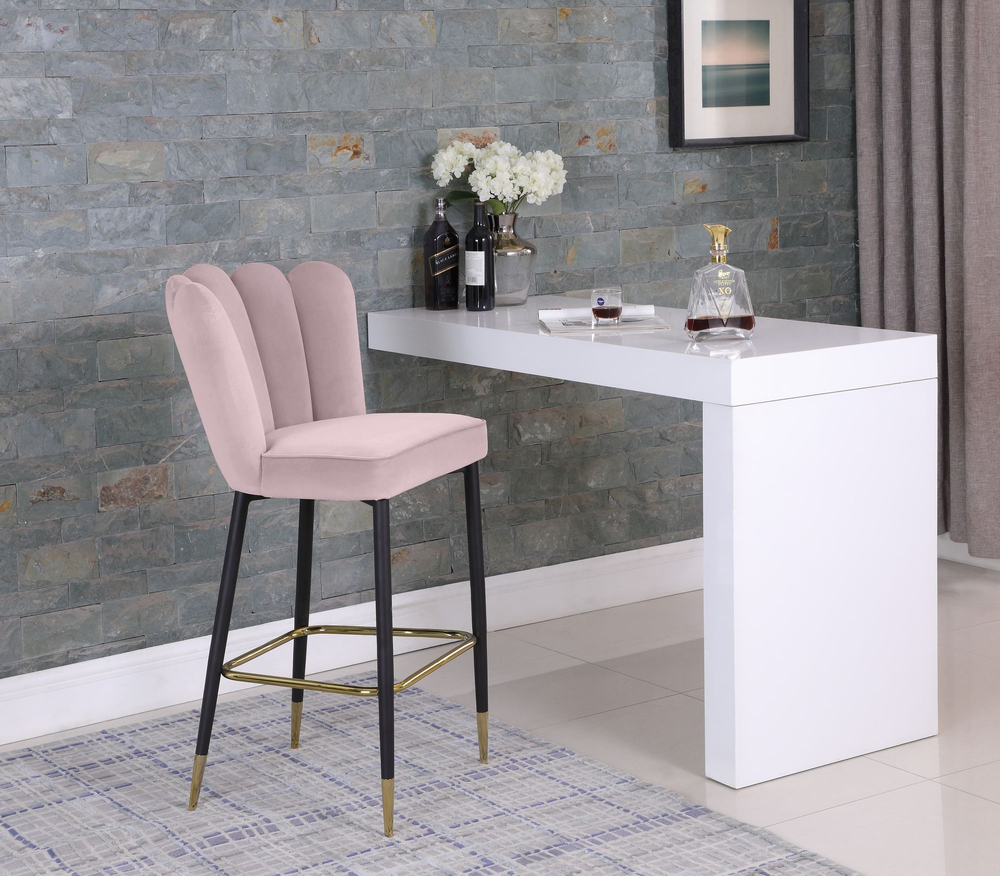 Lily Velvet Bar Stool with Matte Black Metal Legs with Gold Tips