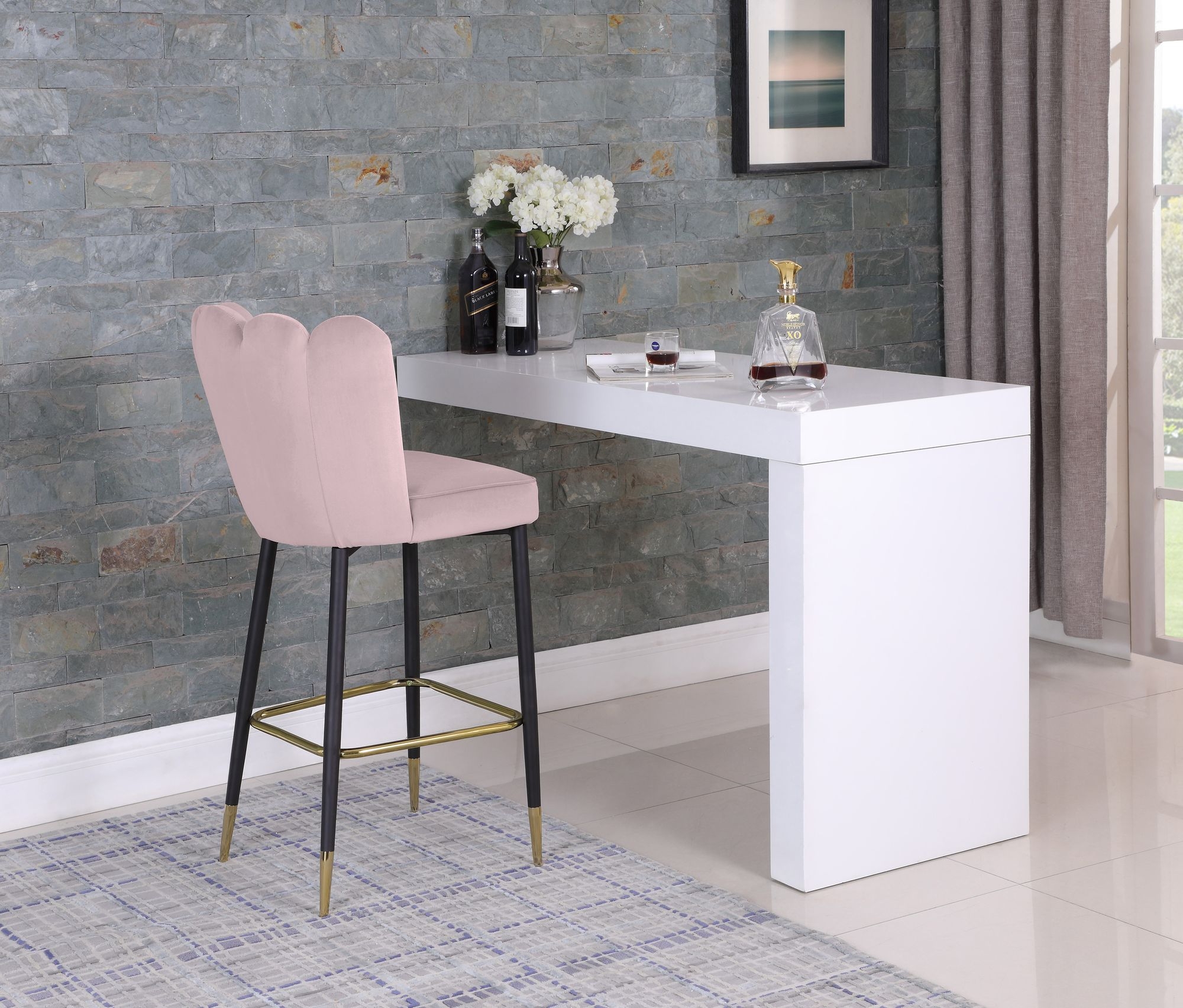 Lily Velvet Bar Stool with Matte Black Metal Legs with Gold Tips