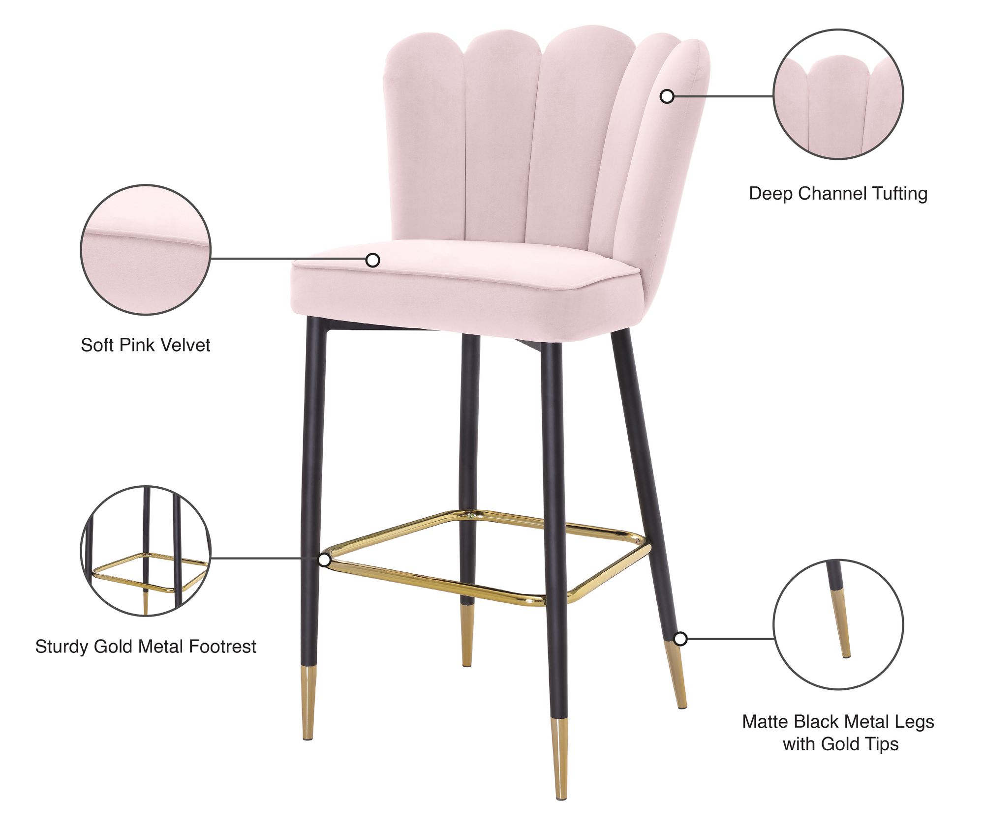 Lily Velvet Bar Stool with Matte Black Metal Legs with Gold Tips