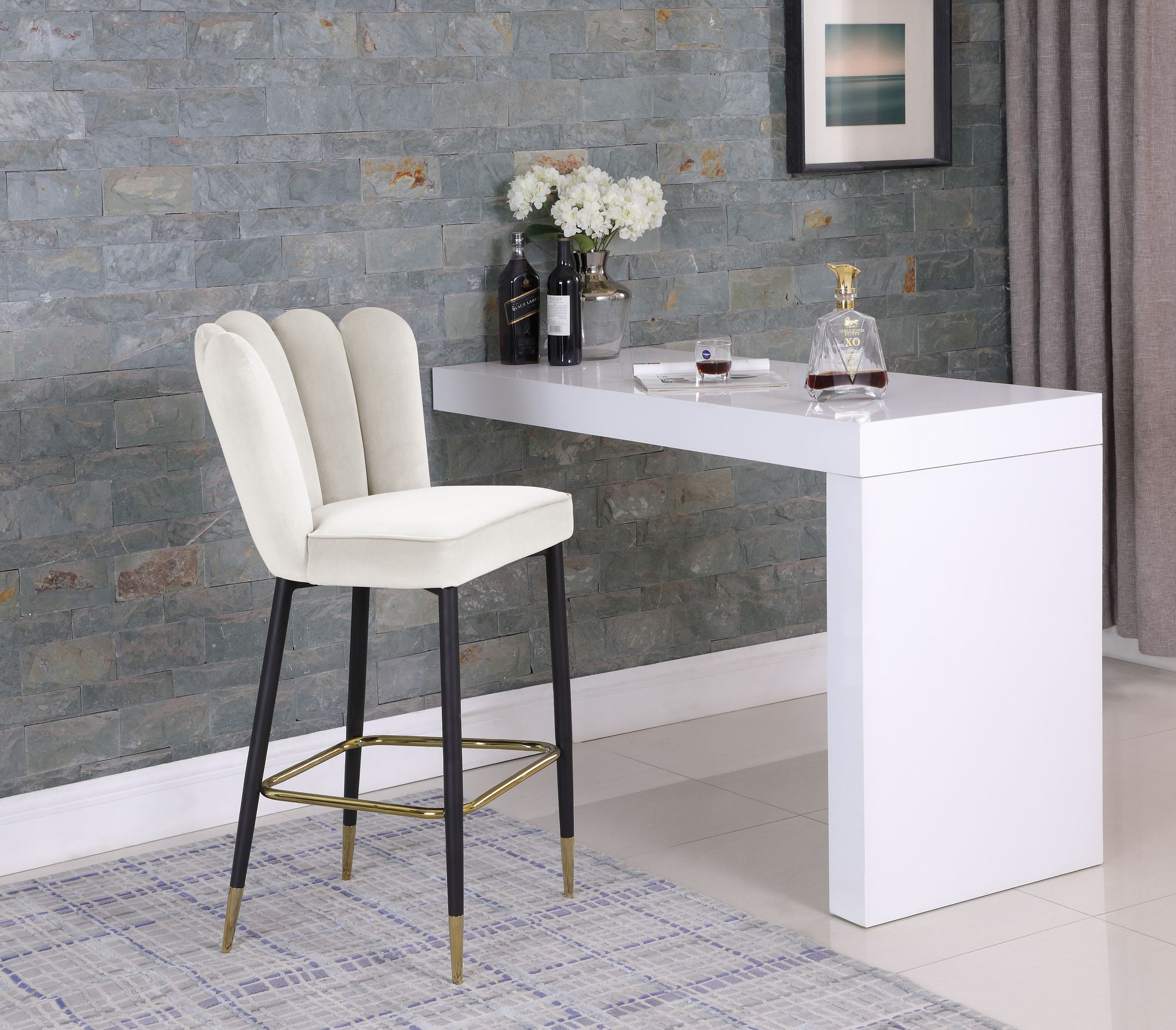 Lily Velvet Bar Stool with Matte Black Metal Legs with Gold Tips