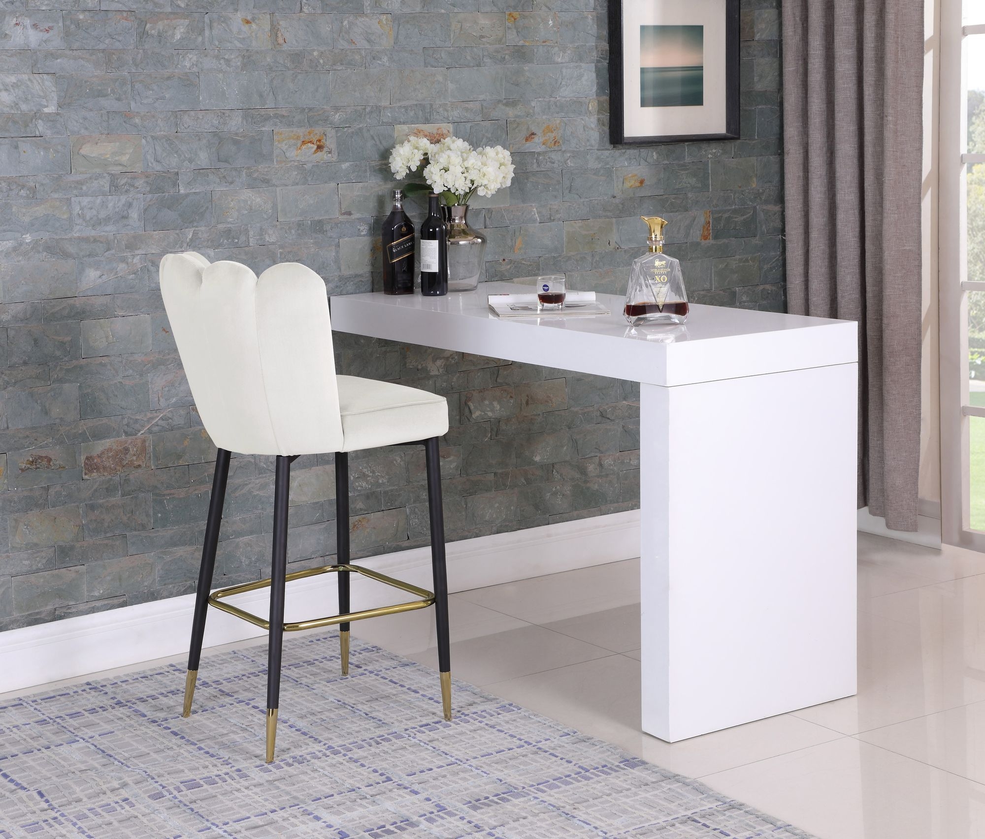 Lily Velvet Bar Stool with Matte Black Metal Legs with Gold Tips