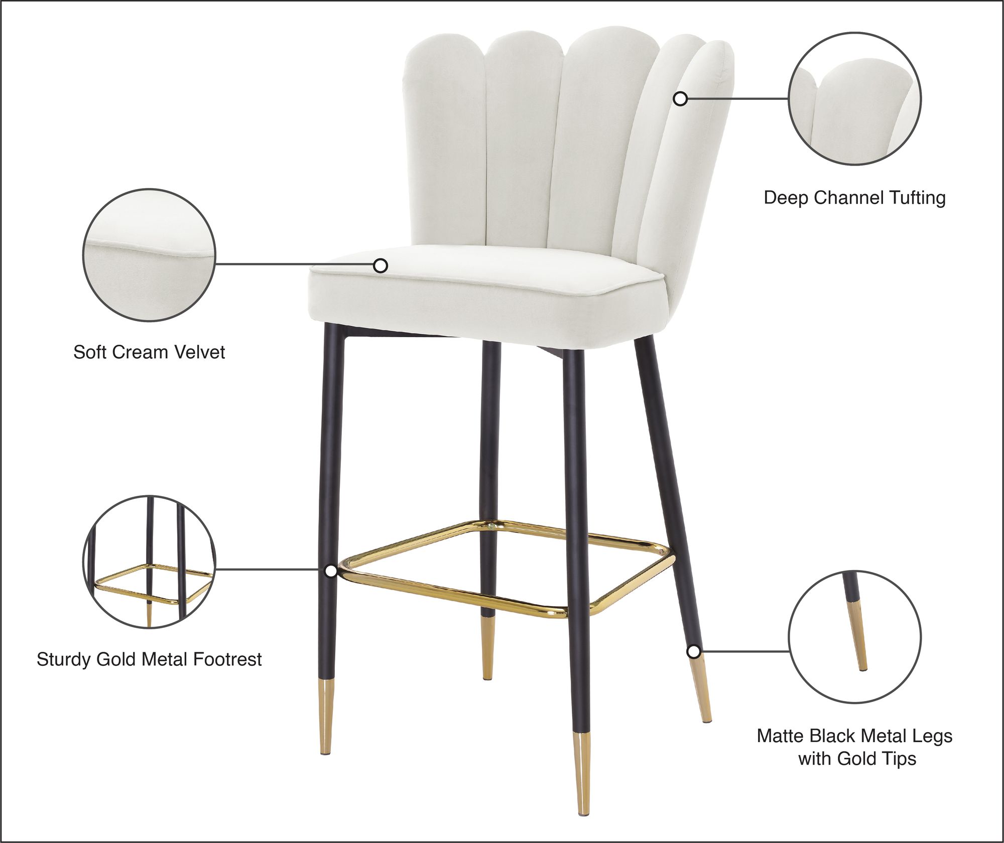 Lily Velvet Bar Stool with Matte Black Metal Legs with Gold Tips