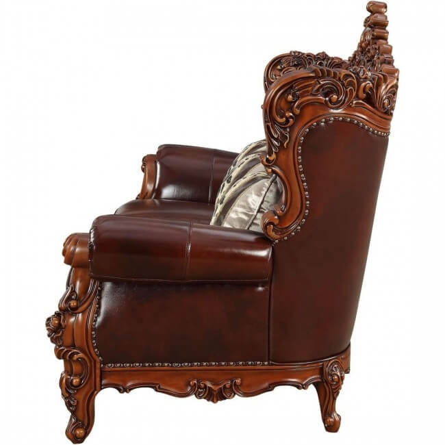 Eustoma Top Grain Leather/Wood Tufted Sofa w/Pillows