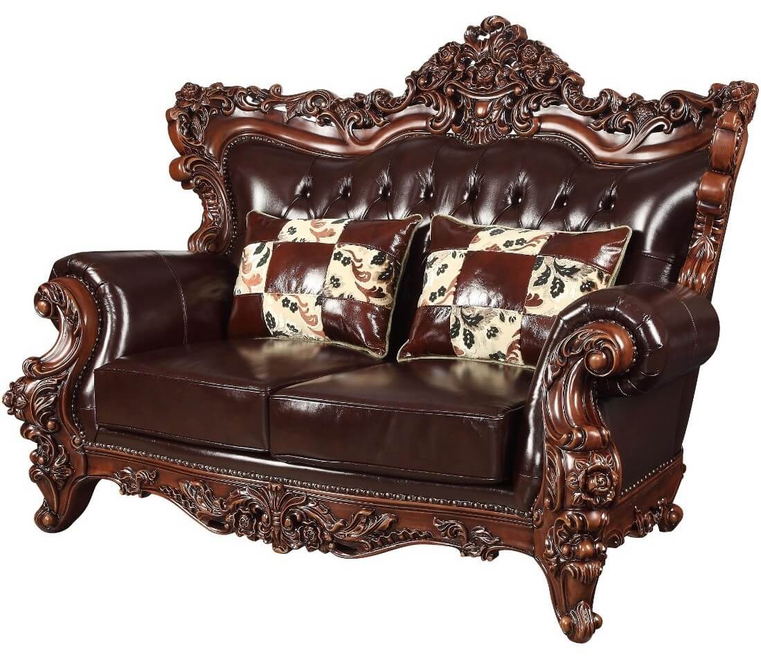  Espresso And Brown Faux Leather Curved Loveseat